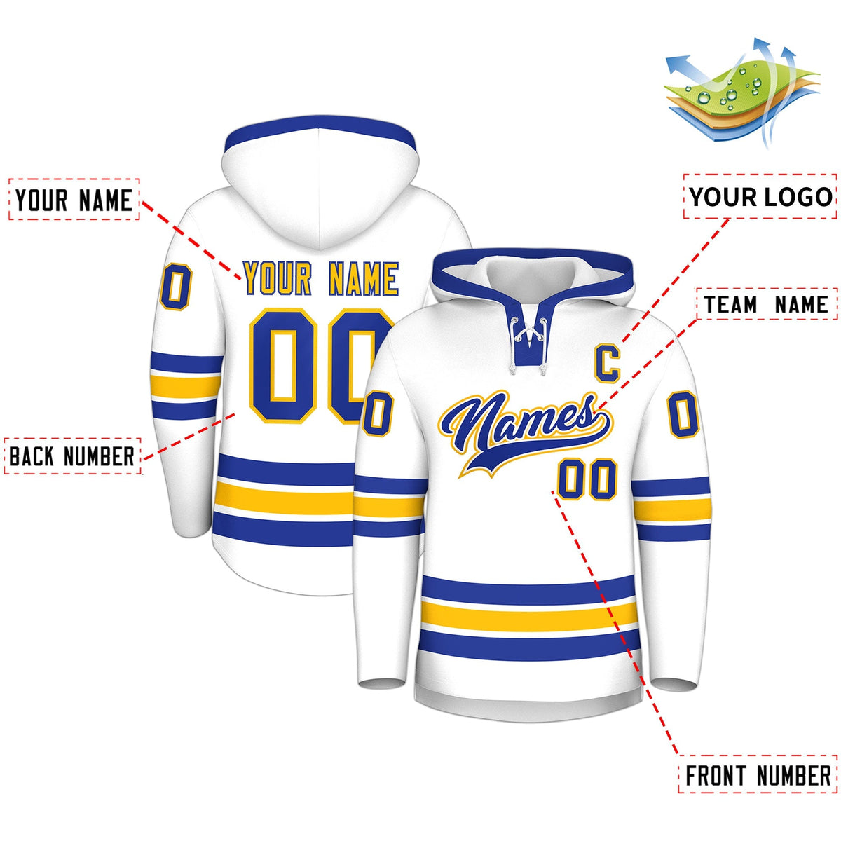Custom Hockey Hoodie Jersey White Royal Blue Classic Style Add Name,Number &amp; Logo