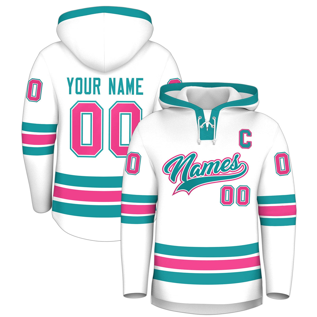 Custom Hockey Hoodie Jersey White Aqua Classic Style for Men&amp;Youth