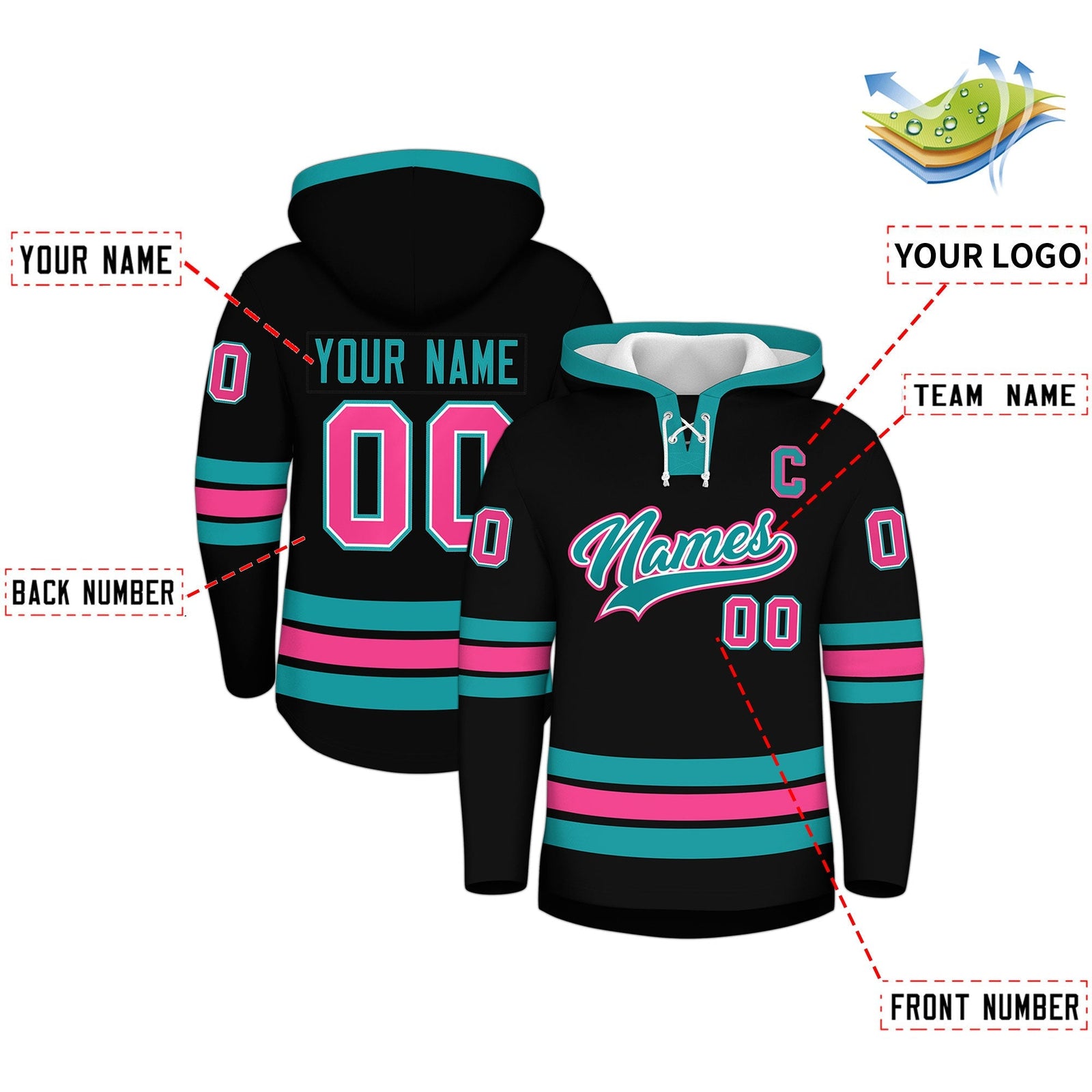 Custom Hockey Hoodie Jersey Black Aqua Classic Style Add Name,Number & Logo