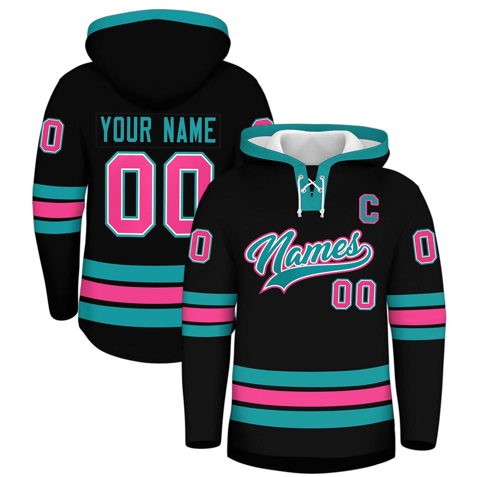 Custom Hockey Hoodie Jersey Black Aqua Classic Style Add Name,Number & Logo