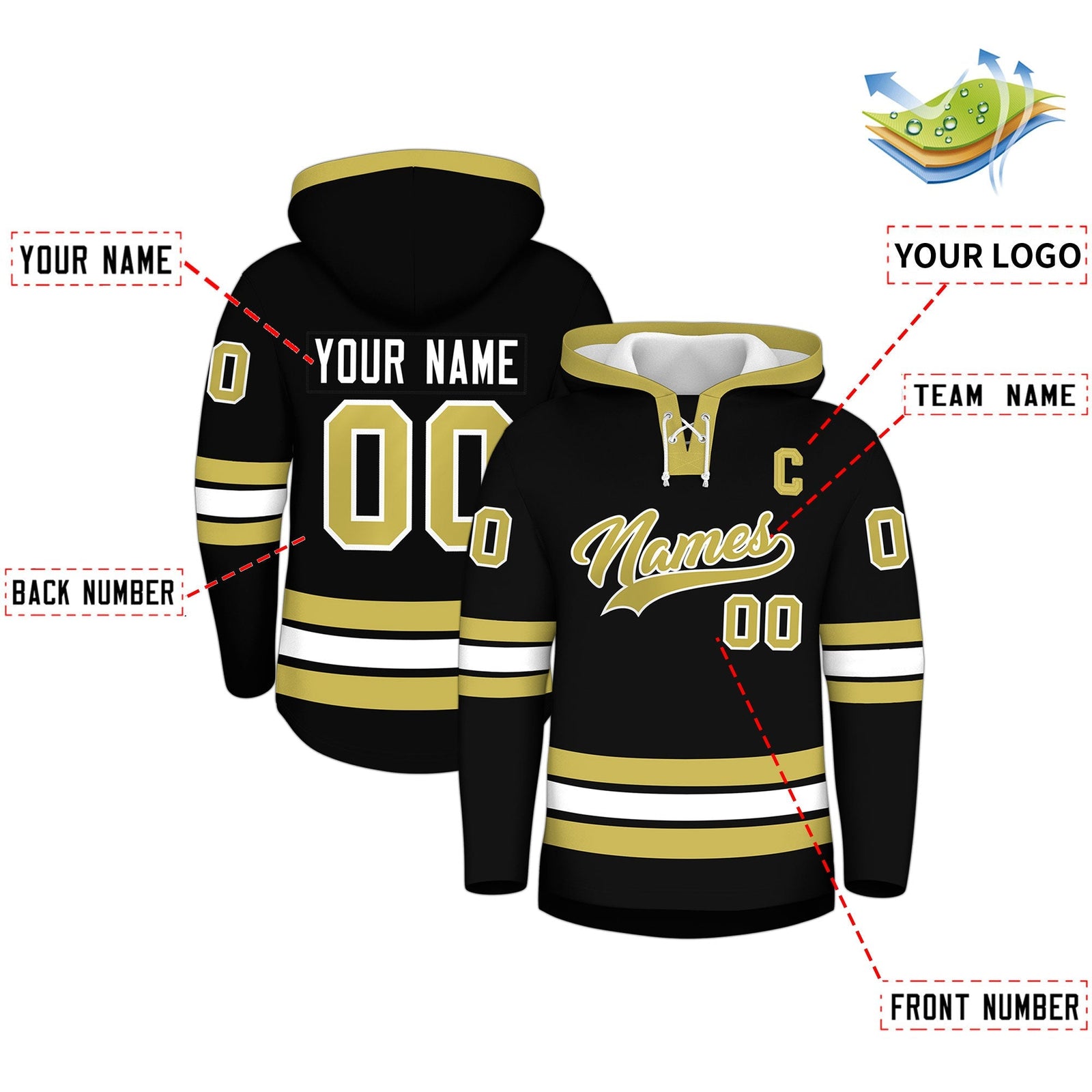 Custom Hockey Hoodie Jersey Black Old Gold Classic Style for Men&Youth