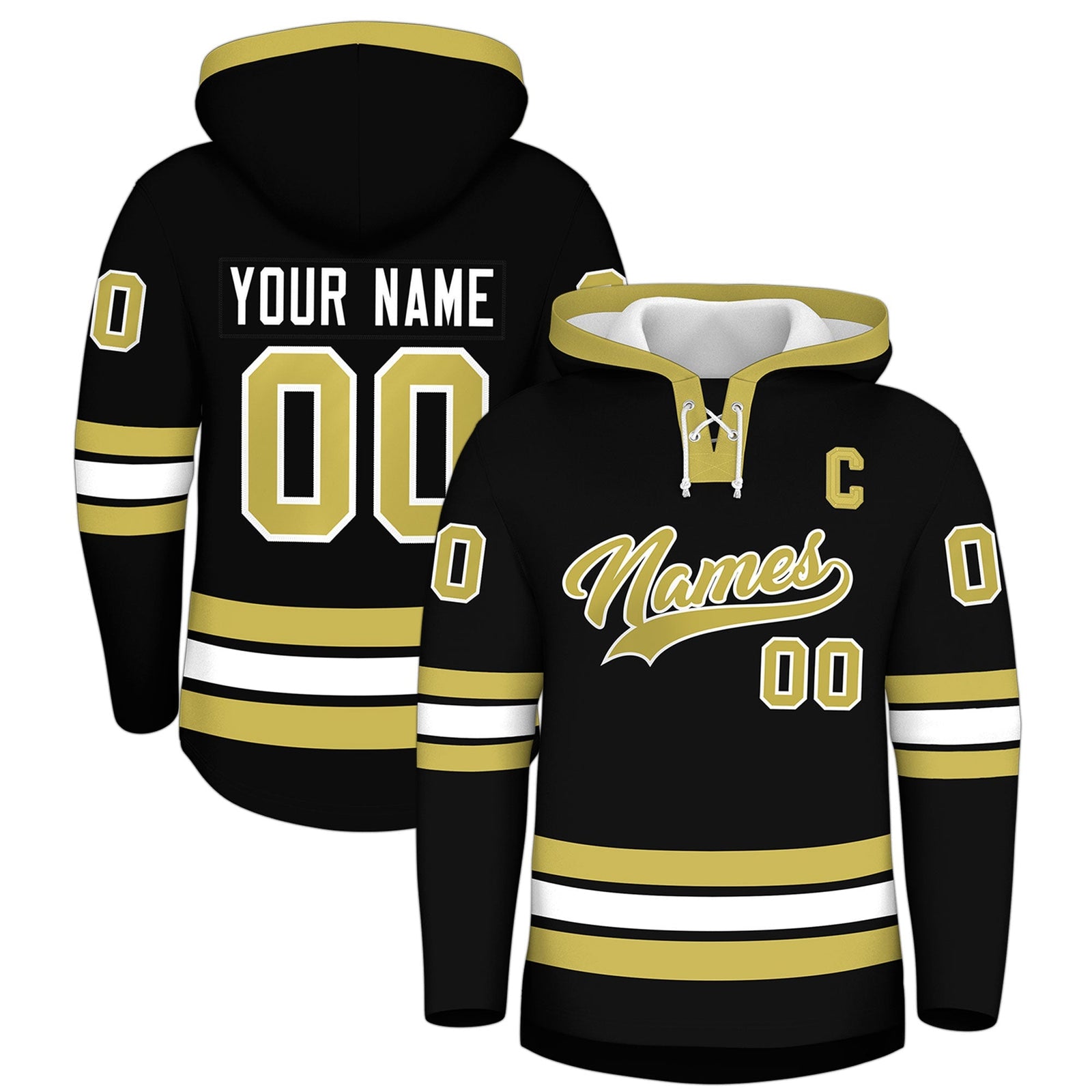 Custom Hockey Hoodie Jersey Black Old Gold Classic Style for Men&Youth