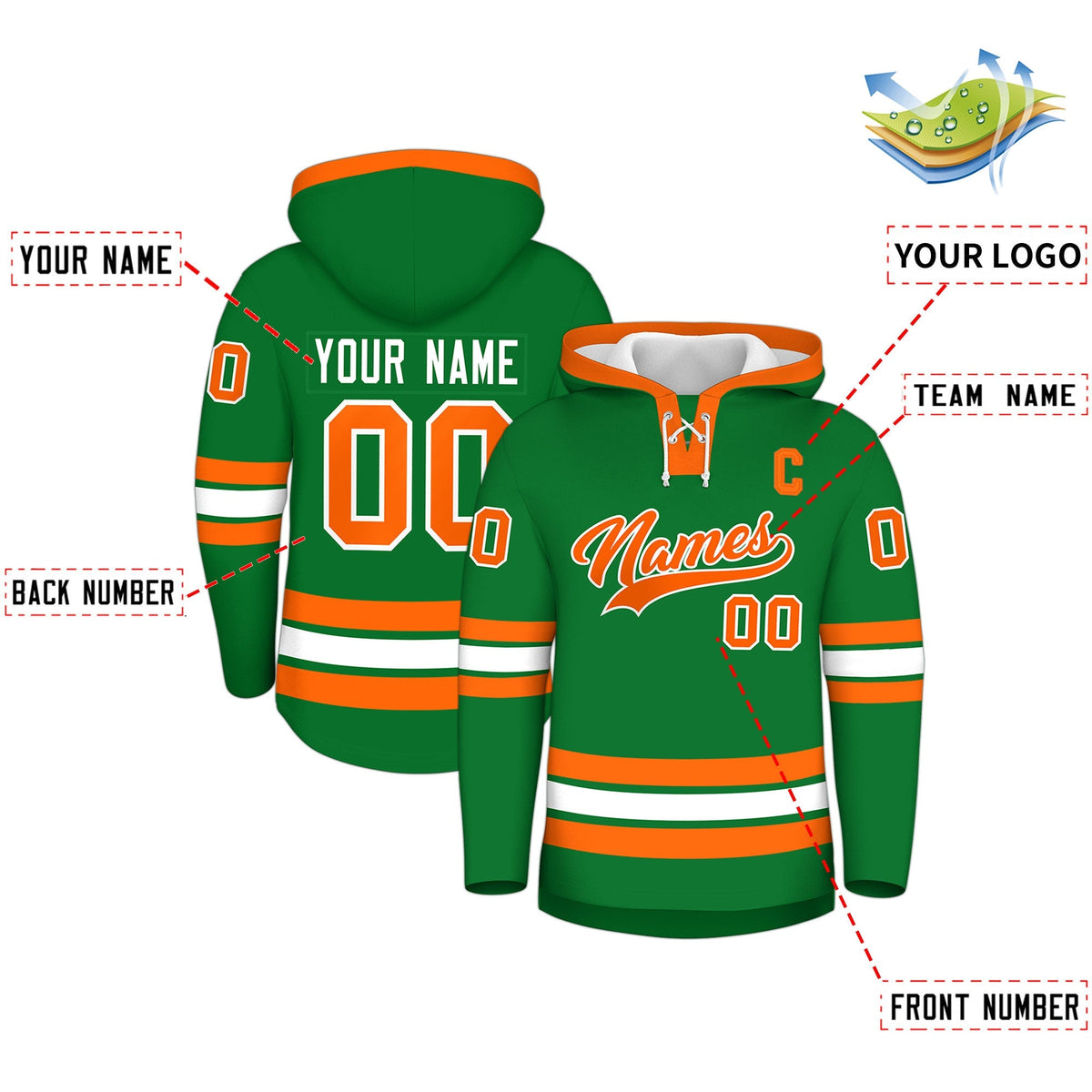 Custom Hockey Hoodie Jersey Kelly Green Orange Classic Style for Men&amp;Youth