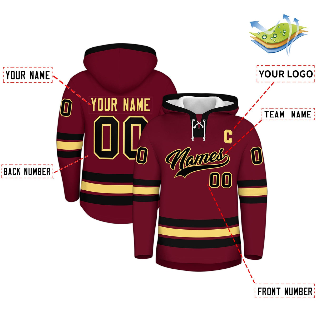 Custom Hockey Hoodie Jersey Crimson Black Classic Style Add Name,Number &amp; Logo