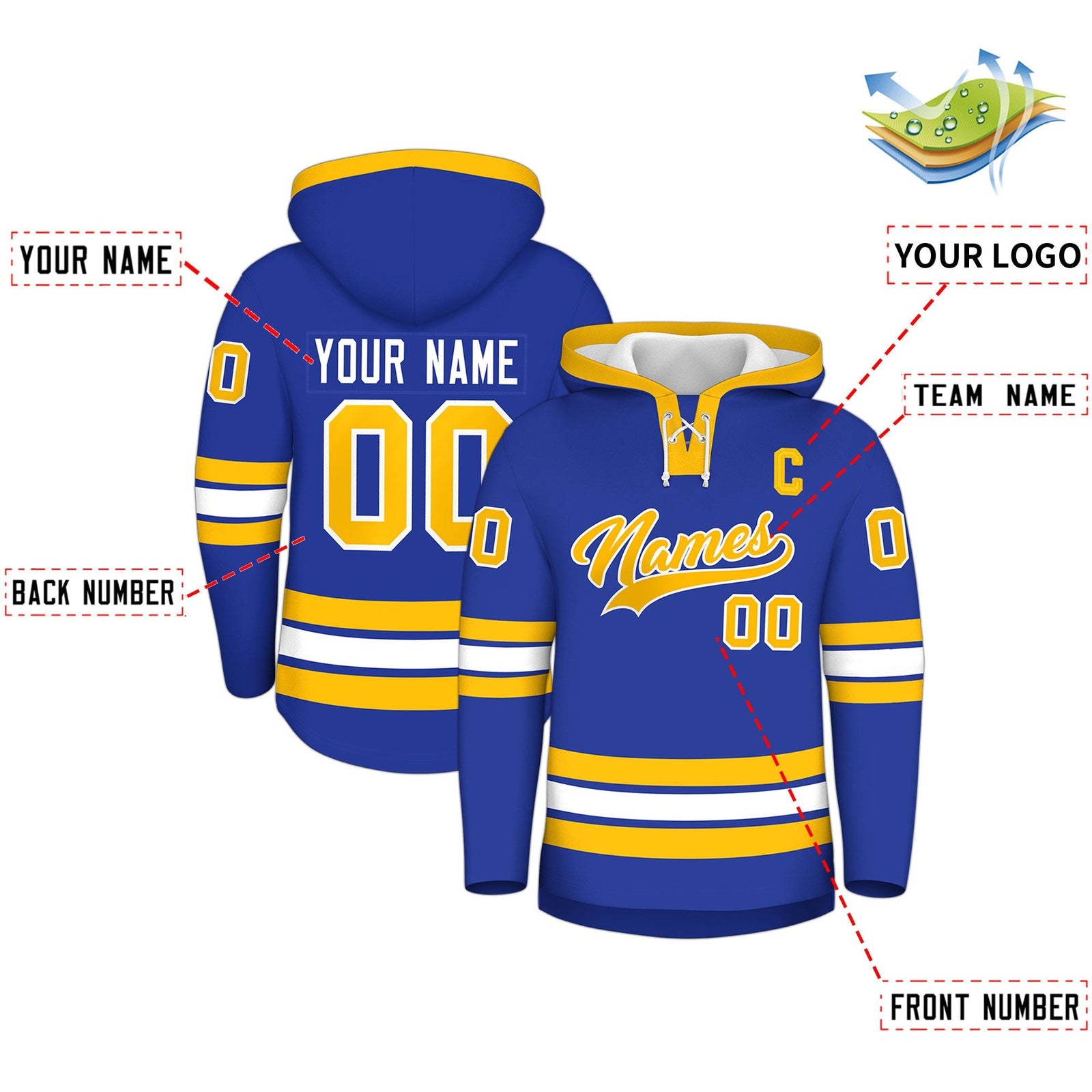 Custom Hockey Hoodie Jersey Royal Blue Gold Classic Style for Men&Youth