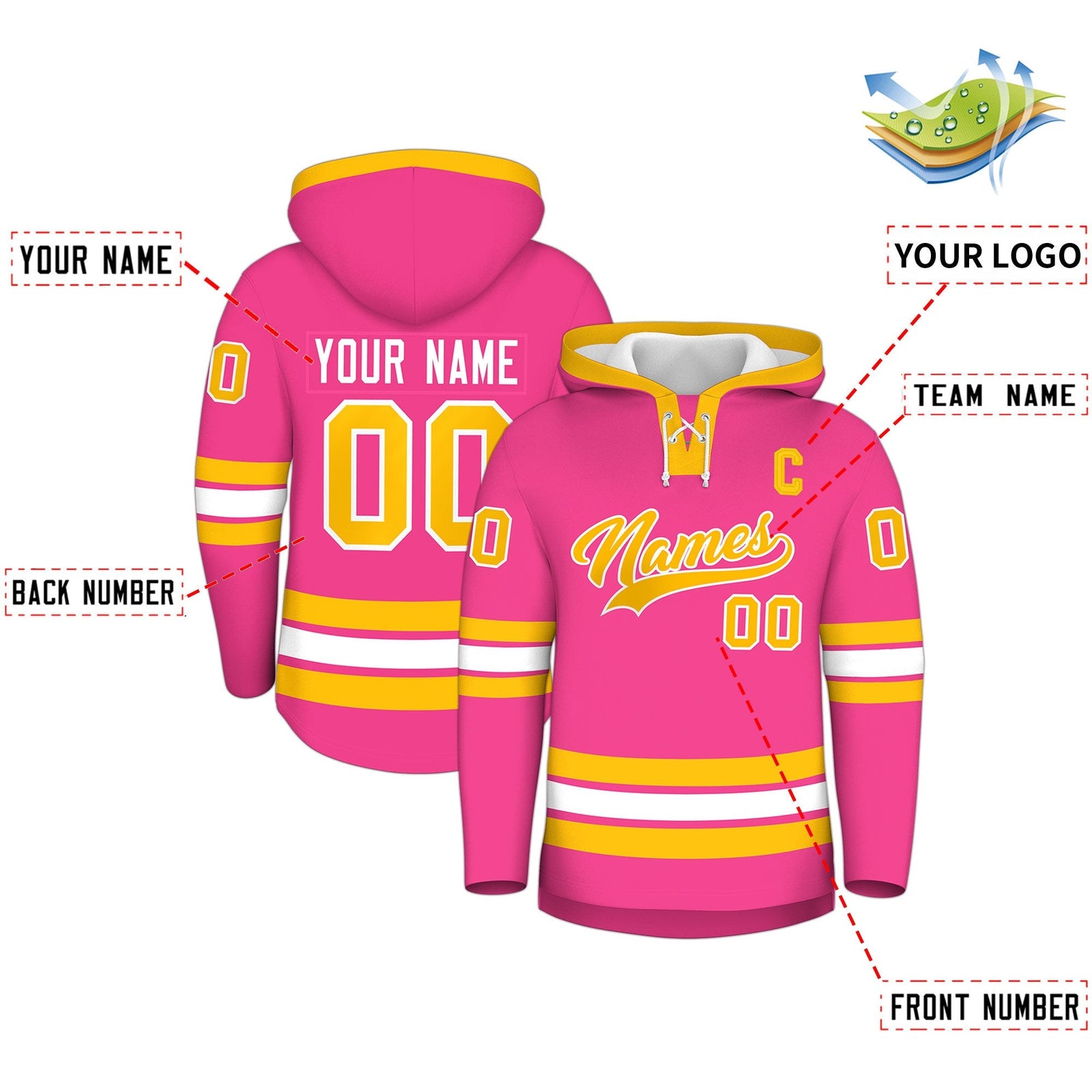 Custom Hockey Hoodie Jersey Pink Gold Classic Style Add Name,Number & Logo