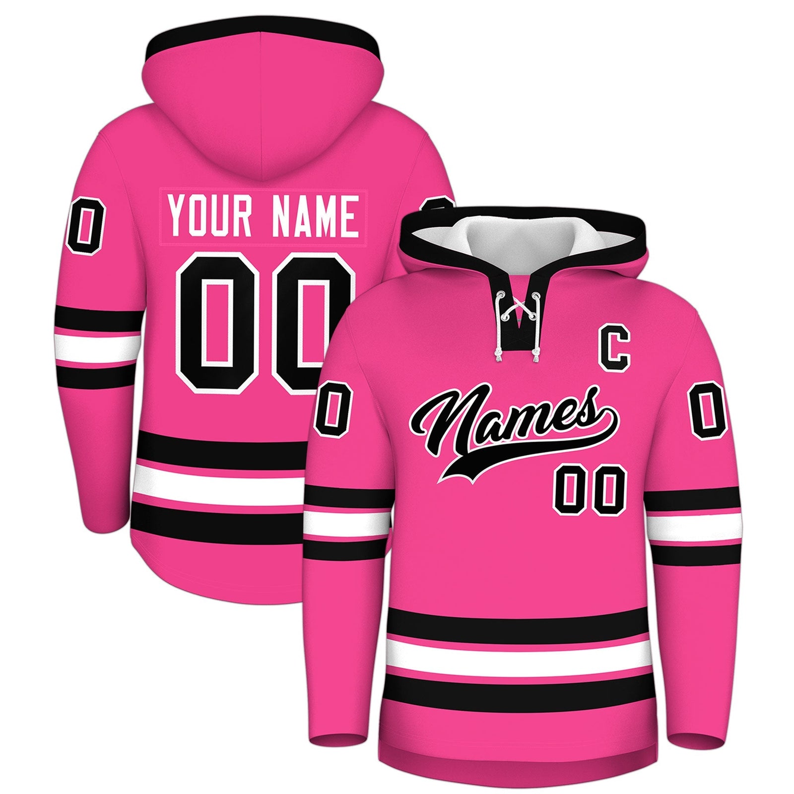 Custom Hockey Hoodie Jersey Pink Black Classic Style Add Name,Number & Logo