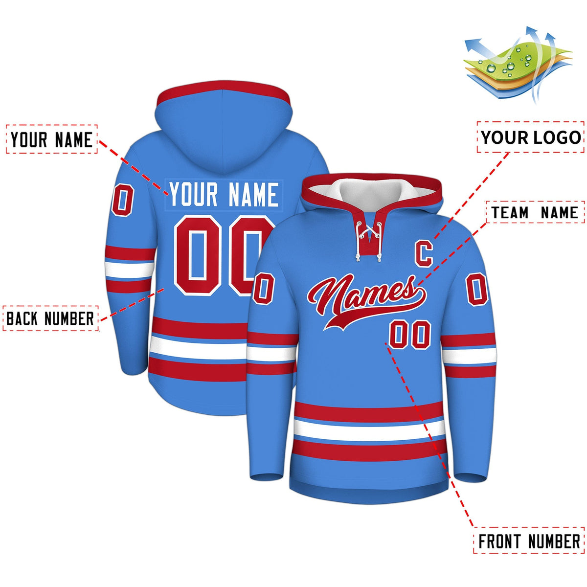 Custom Hockey Hoodie Jersey Powder Blue Red Classic Style for Men&amp;Youth