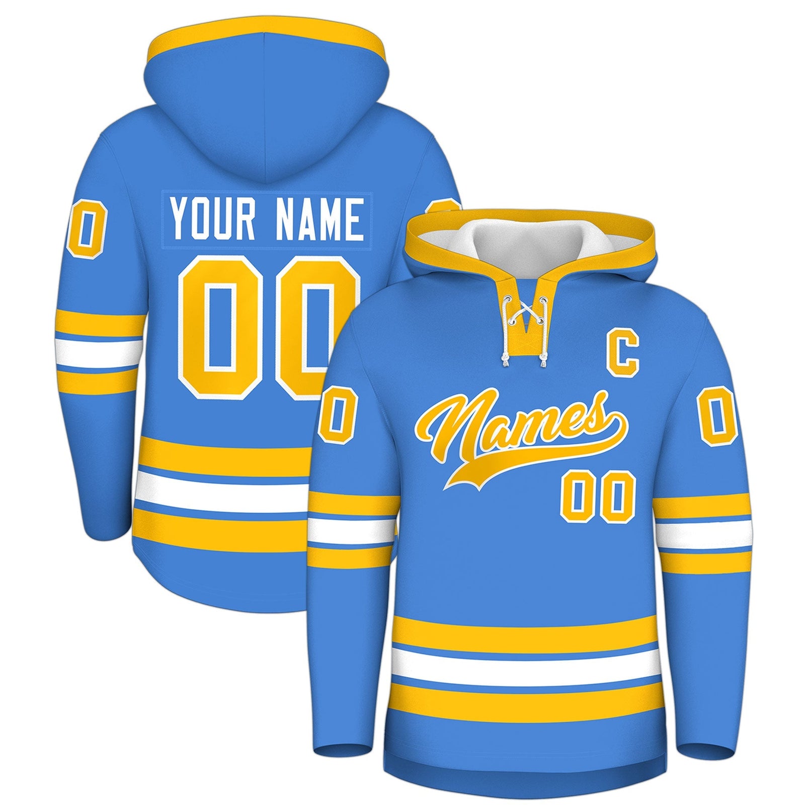 Custom Hockey Hoodie Jersey Powder Blue Gold Classic Style Add Name,Number & Logo