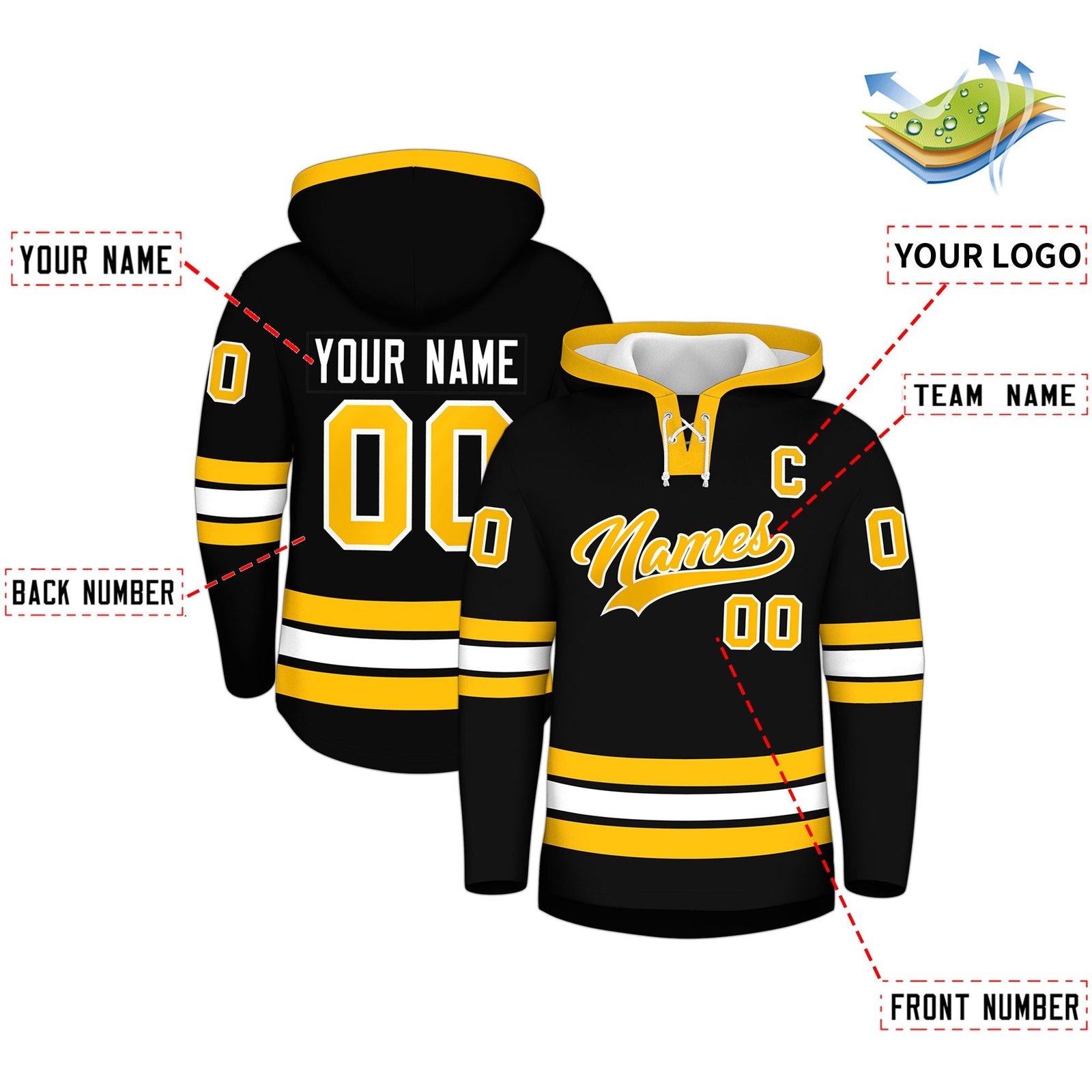 Custom Hockey Hoodie Jersey Black Gold Classic Style for Men&Youth