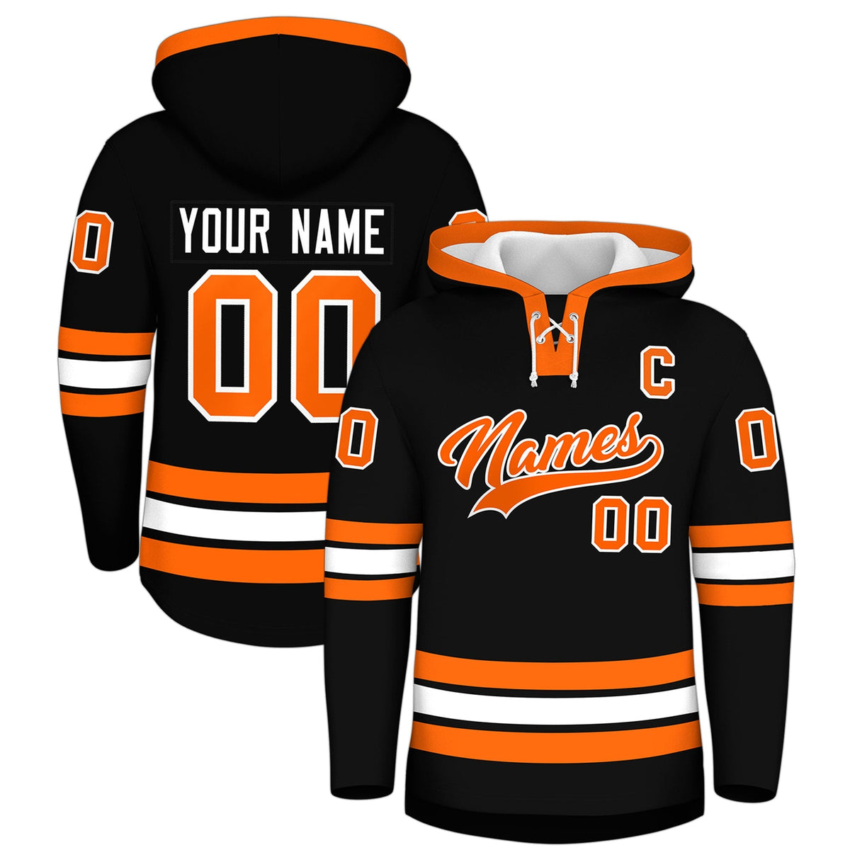 Custom Hockey Hoodie Jersey Black Orange Classic Style Add Name,Number &amp; Logo