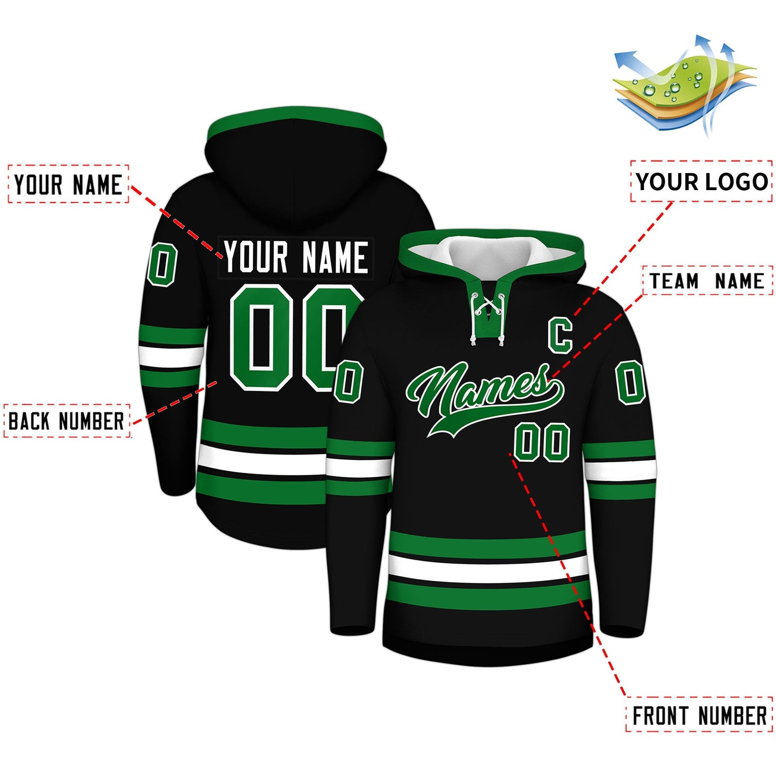 Custom Hockey Hoodie Jersey Black Kelly Green Classic Style for Men&Youth