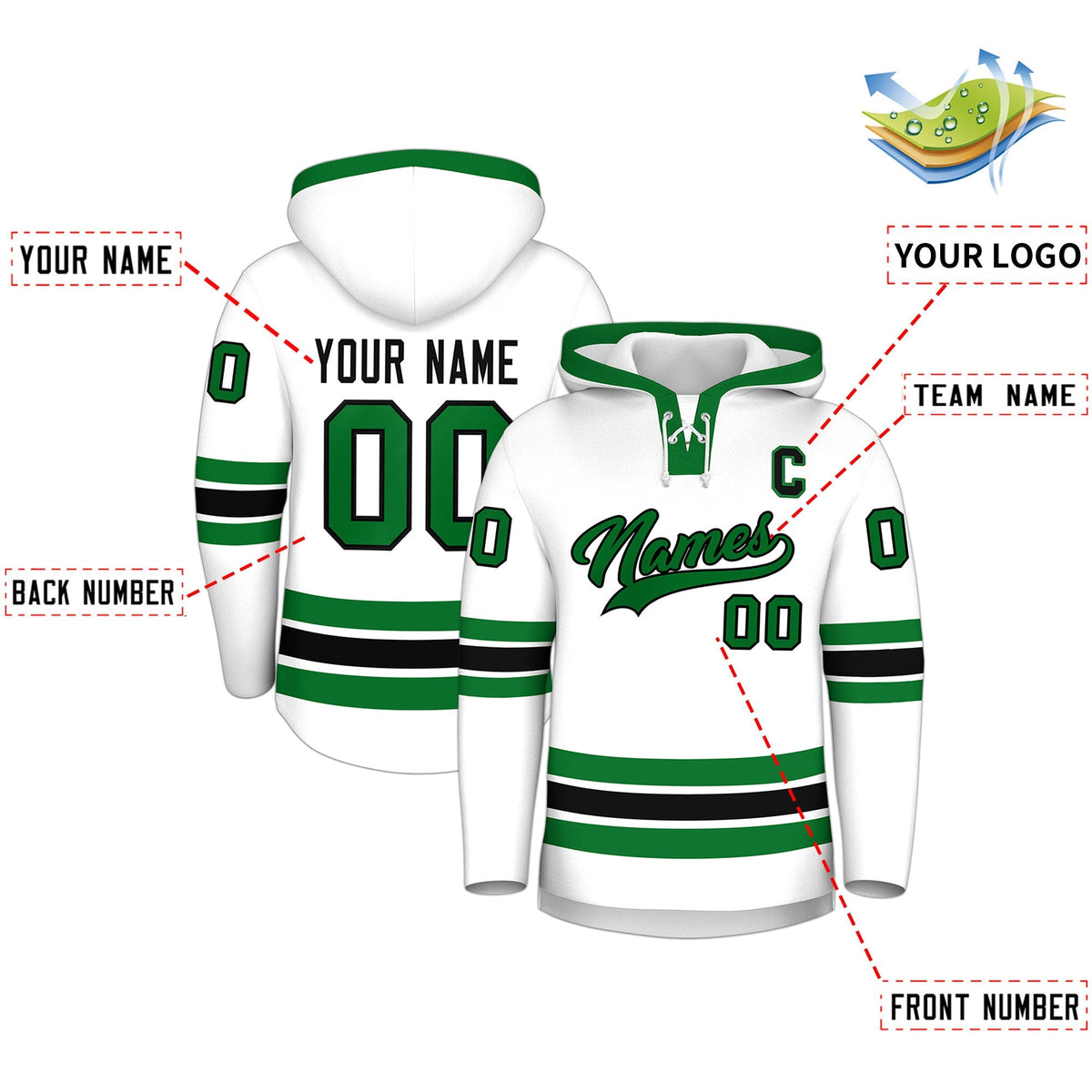Custom Hockey Hoodie Jersey White Kelly Green Classic Style Add Name,Number &amp; Logo
