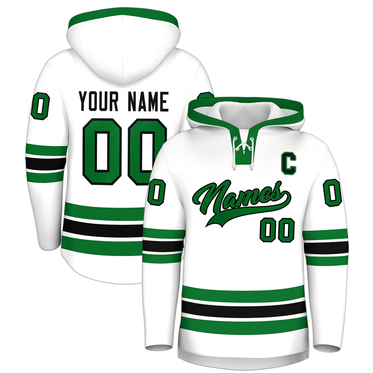Custom Hockey Hoodie Jersey White Kelly Green Classic Style Add Name,Number &amp; Logo