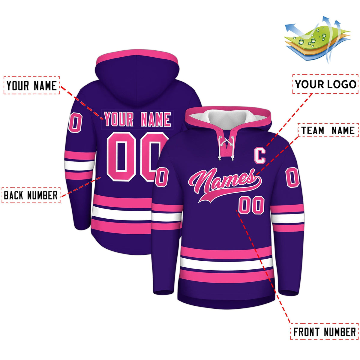 Custom Hockey Hoodie Jersey Purple Pink Classic Style for Men&amp;Youth