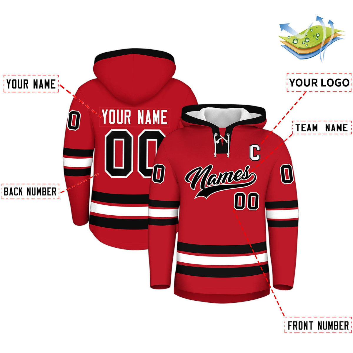 Custom Hockey Hoodie Jersey Red Black Classic Style Add Name,Number &amp; Logo