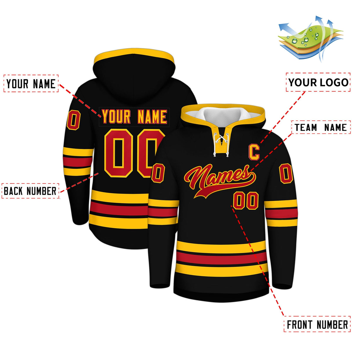 Custom Hockey Hoodie Jersey Black Red Classic Style Add Name,Number &amp; Logo