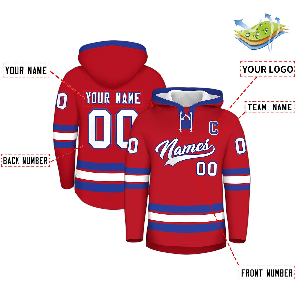 Custom Hockey Hoodie Jersey Red Royal Blue Classic Style Add Name,Number &amp; Logo