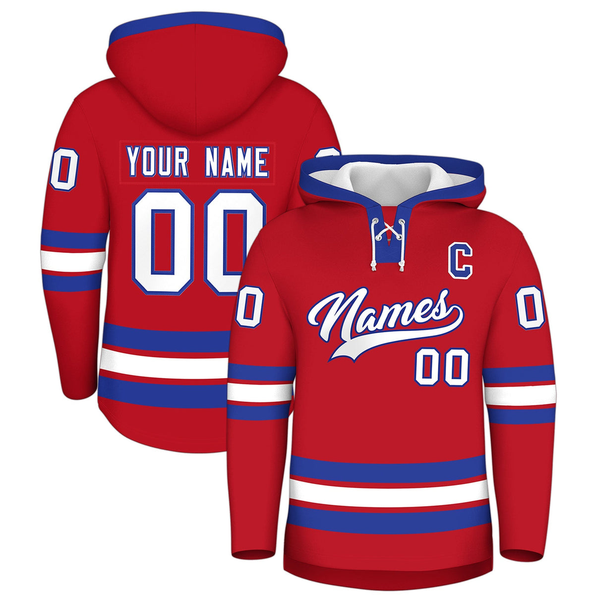 Custom Hockey Hoodie Jersey Red Royal Blue Classic Style Add Name,Number &amp; Logo