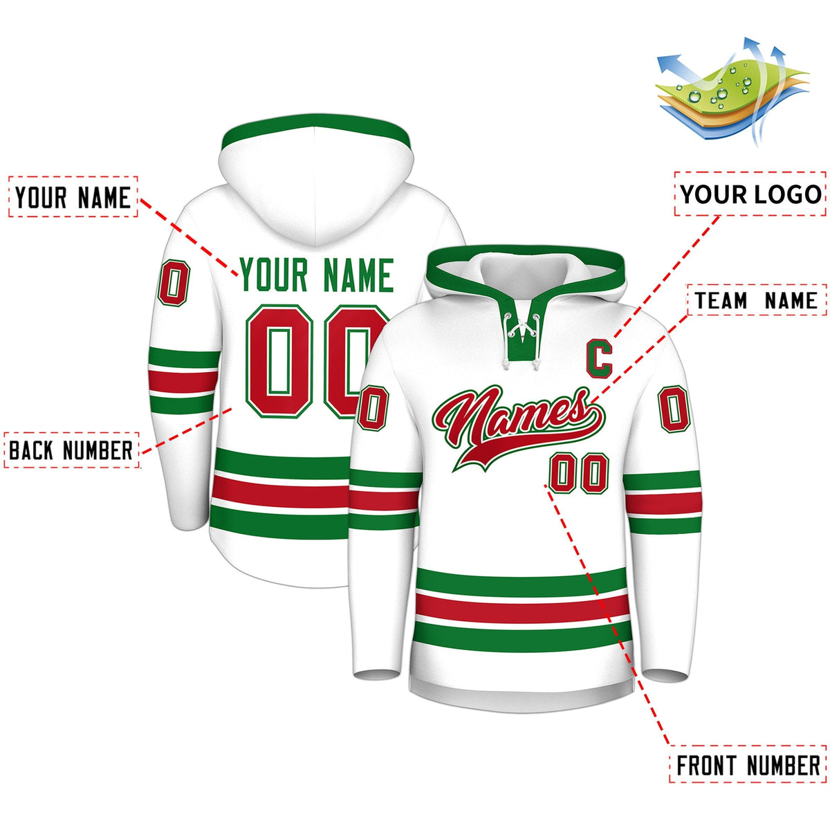 Custom Hockey Hoodie Jersey White Kelly Green Classic Style Add Name,Number &amp; Logo