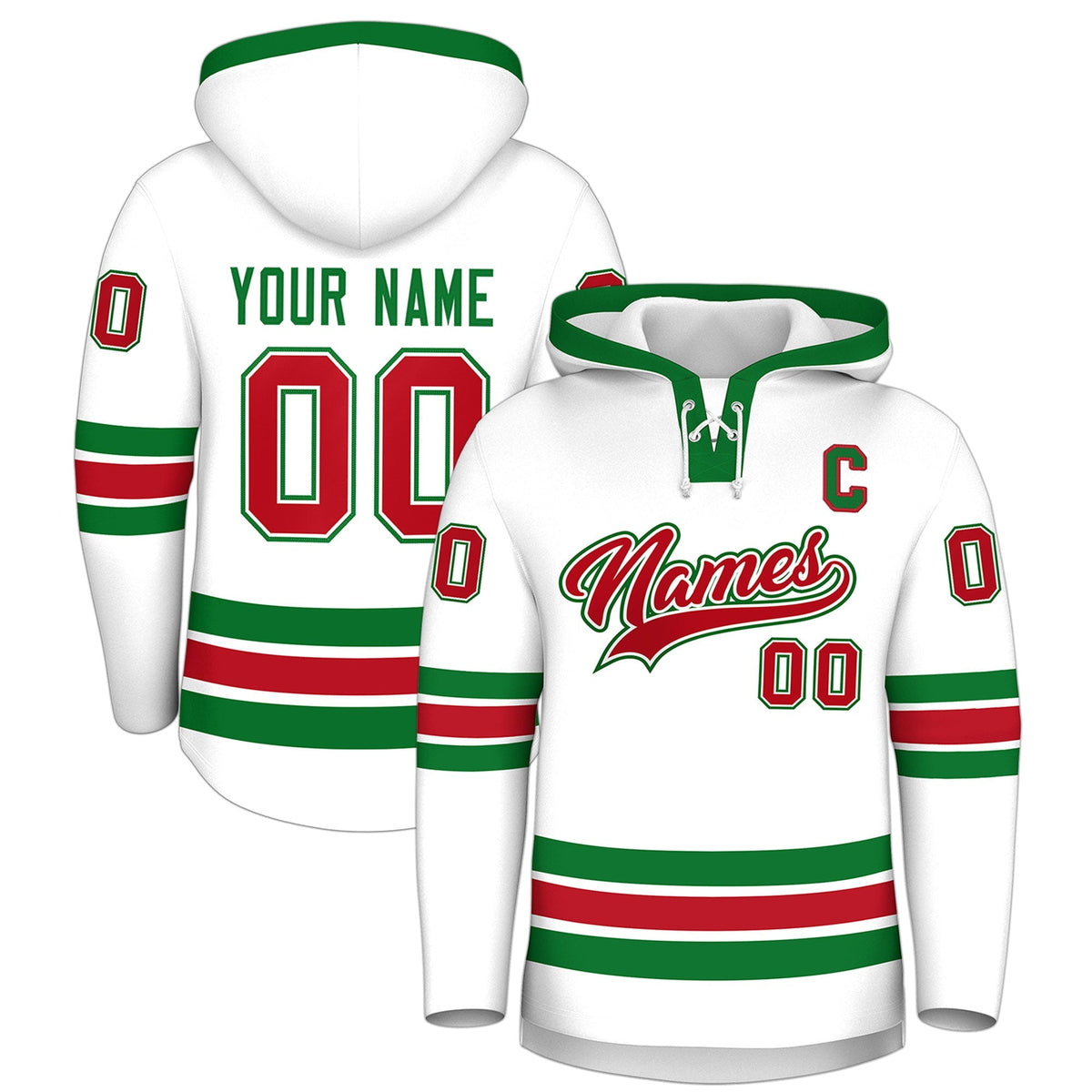 Custom Hockey Hoodie Jersey White Kelly Green Classic Style Add Name,Number &amp; Logo