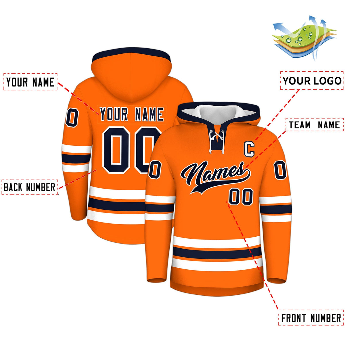 Custom Hockey Hoodie Jersey Orange Navy Classic Style Add Name,Number &amp; Logo