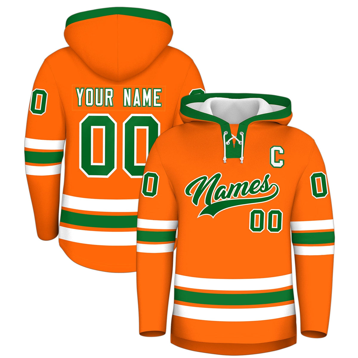 Custom Hockey Hoodie Jersey Orange Kelly Green Classic Style Add Name,Number &amp; Logo