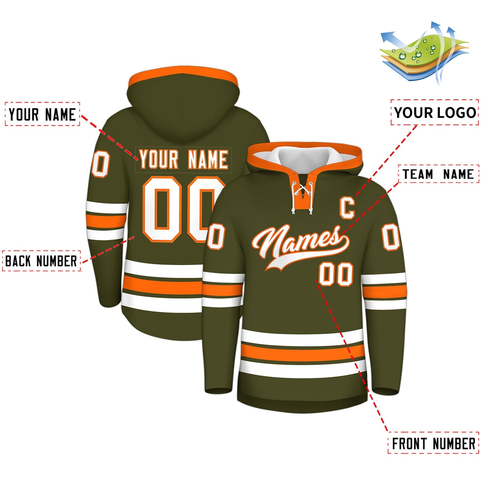 Custom Hockey Hoodie Jersey Olive Orange Classic Style for Men&Youth