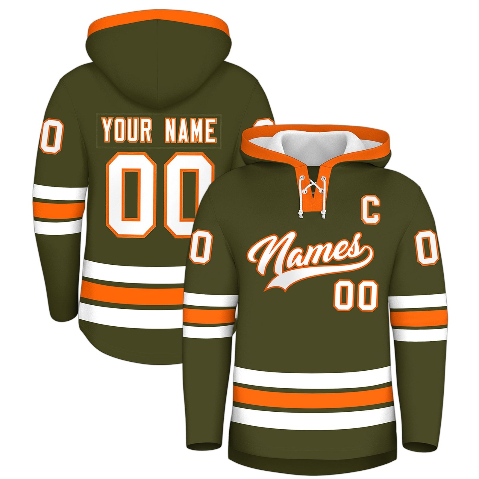 Custom Hockey Hoodie Jersey Olive Orange Classic Style for Men&Youth