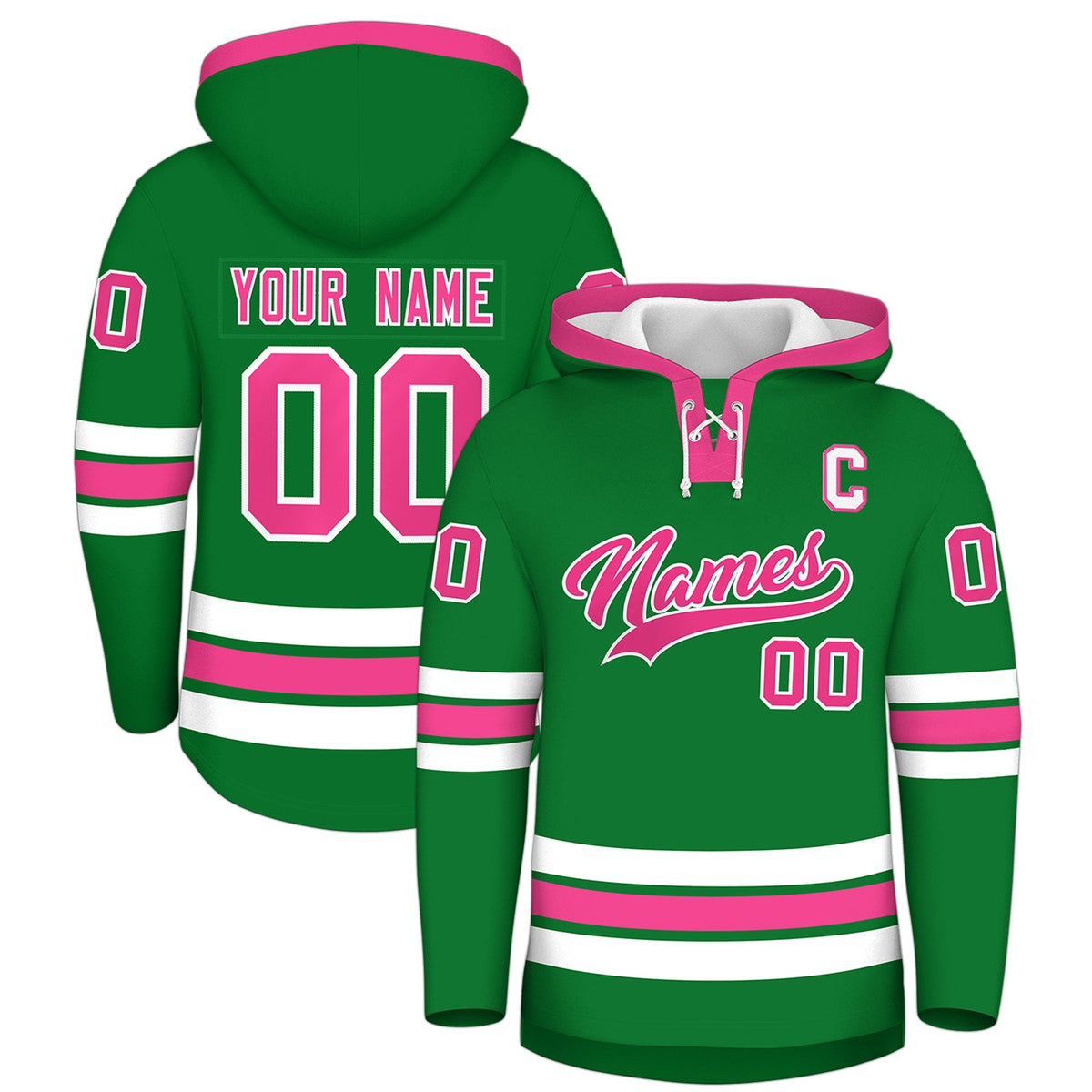 Custom Hockey Hoodie Jersey Kelly Green Pink Classic Style for Men&amp;Youth