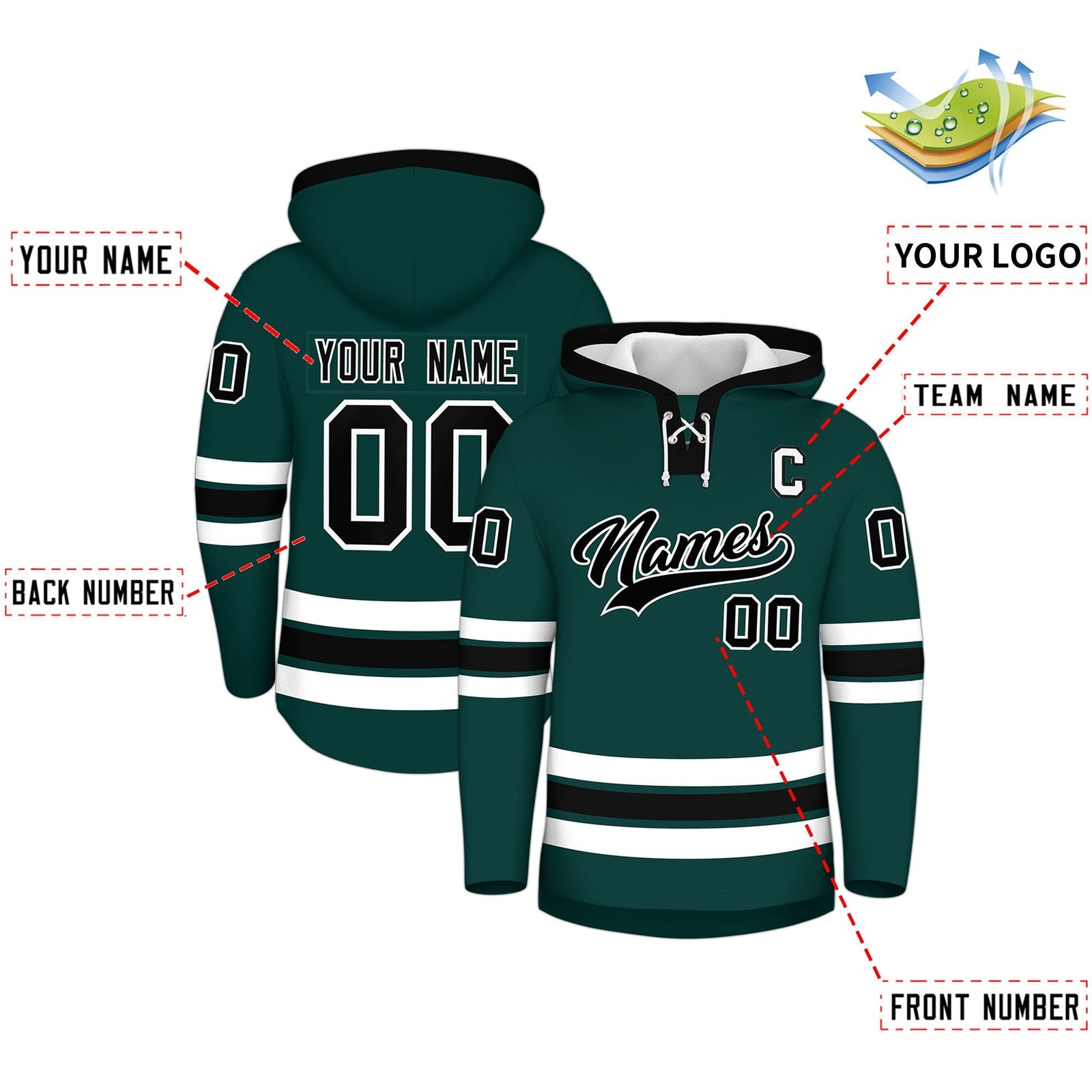 Custom Hockey Hoodie Jersey Midnight Green Black Classic Style Add Name,Number & Logo