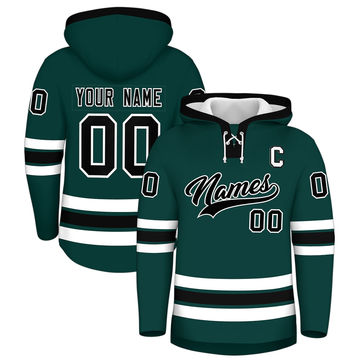 Custom Hockey Hoodie Jersey Midnight Green Black Classic Style Add Name,Number &amp; Logo