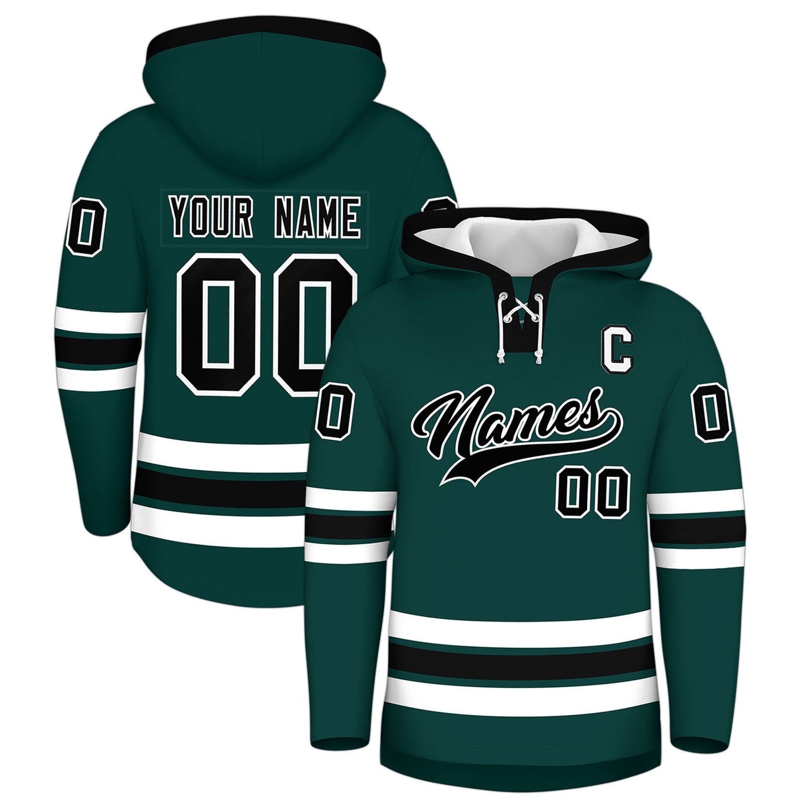 Custom Hockey Hoodie Jersey Midnight Green Black Classic Style Add Name,Number & Logo