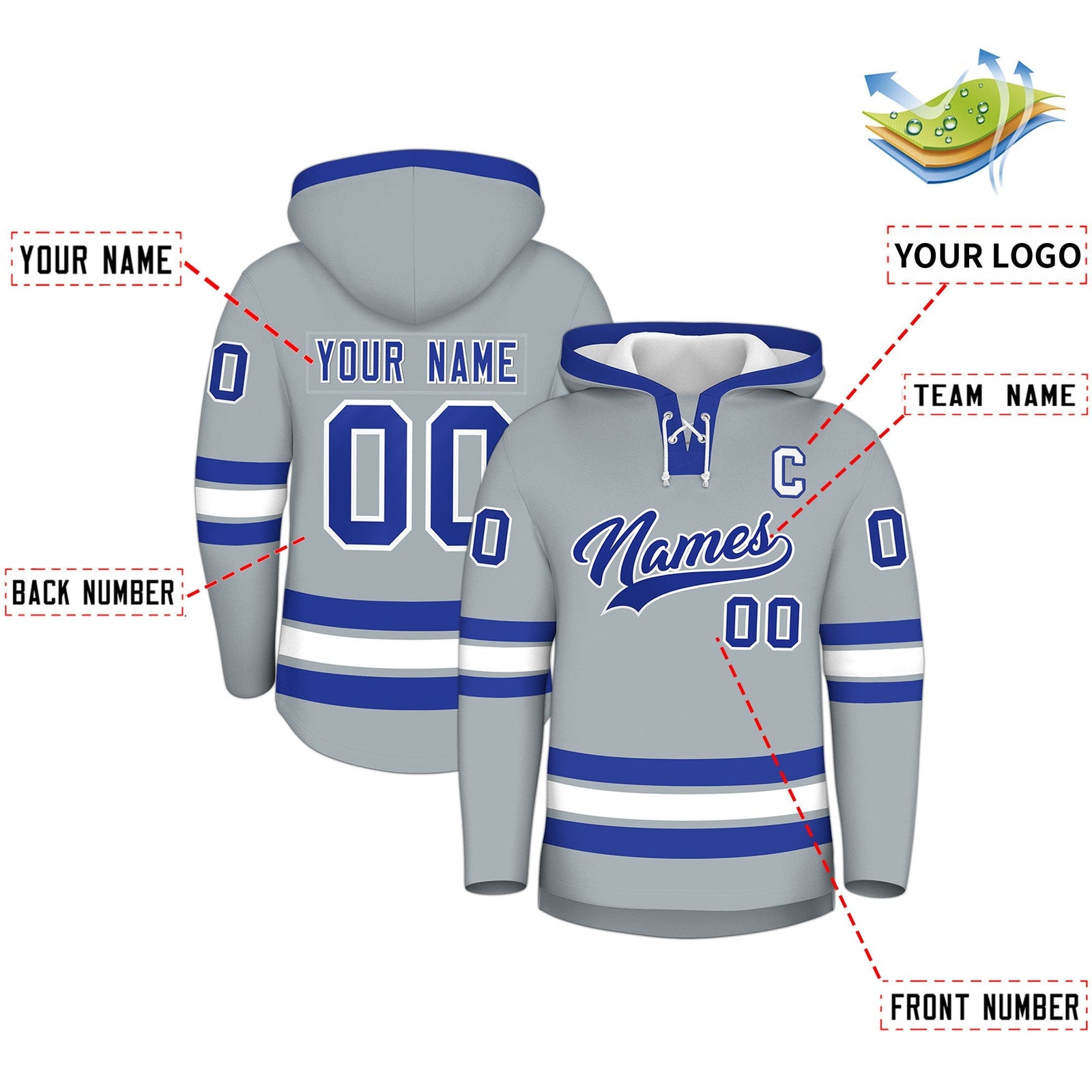 Custom Hockey Hoodie Jersey Silver Royal Blue Classic Style Add Name,Number & Logo
