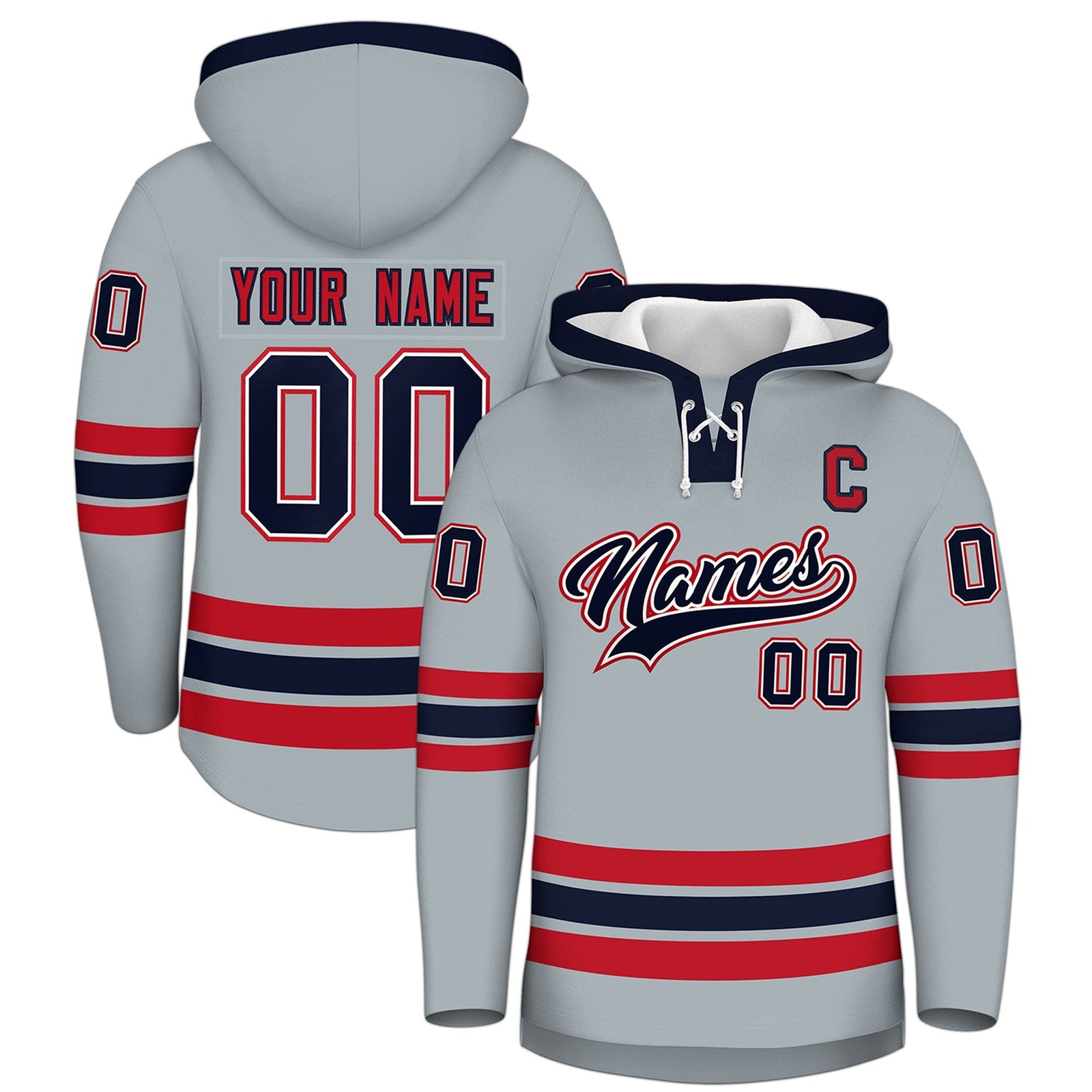 Custom Hockey Hoodie Jersey Silver Navy Classic Style Add Name,Number & Logo
