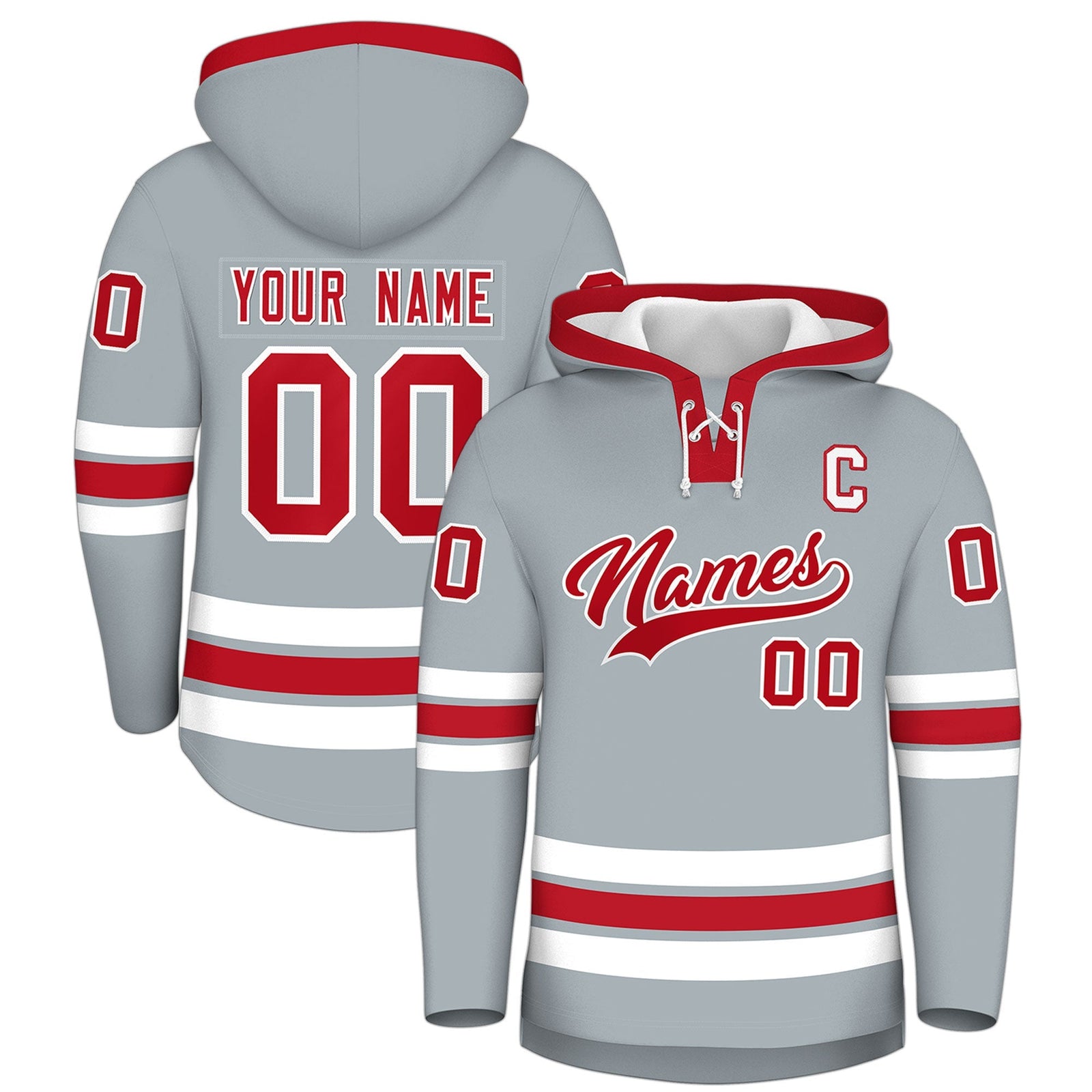 Custom Hockey Hoodie Jersey Silver Red Classic Style for Men&Youth