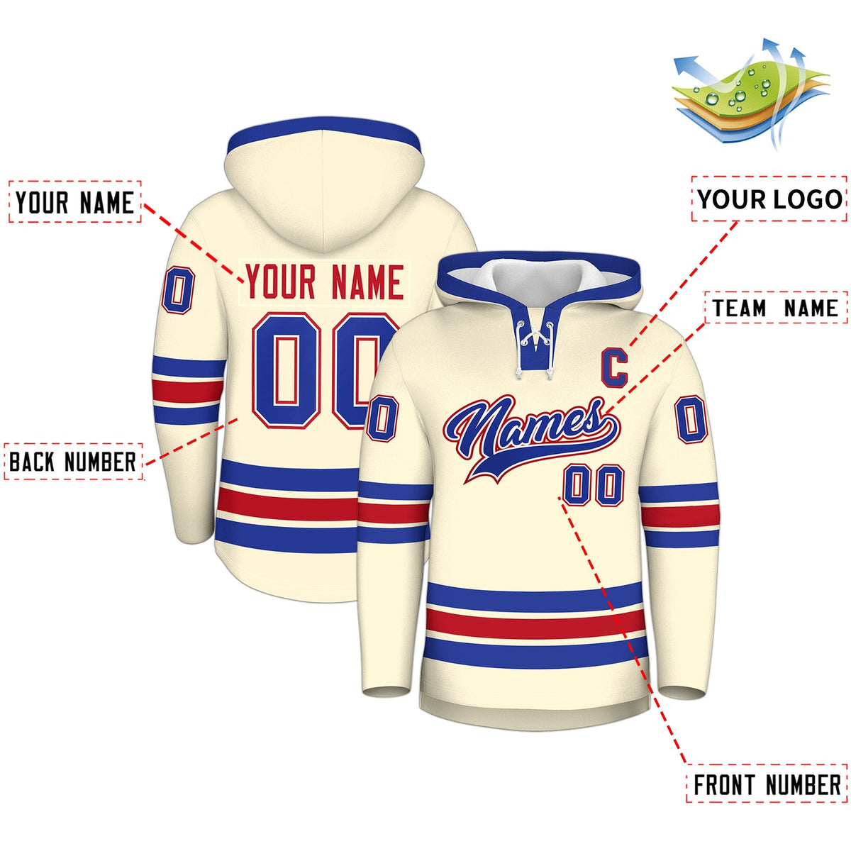Custom Hockey Hoodie Jersey Cream Royal Blue Classic Style Add Name,Number &amp; Logo