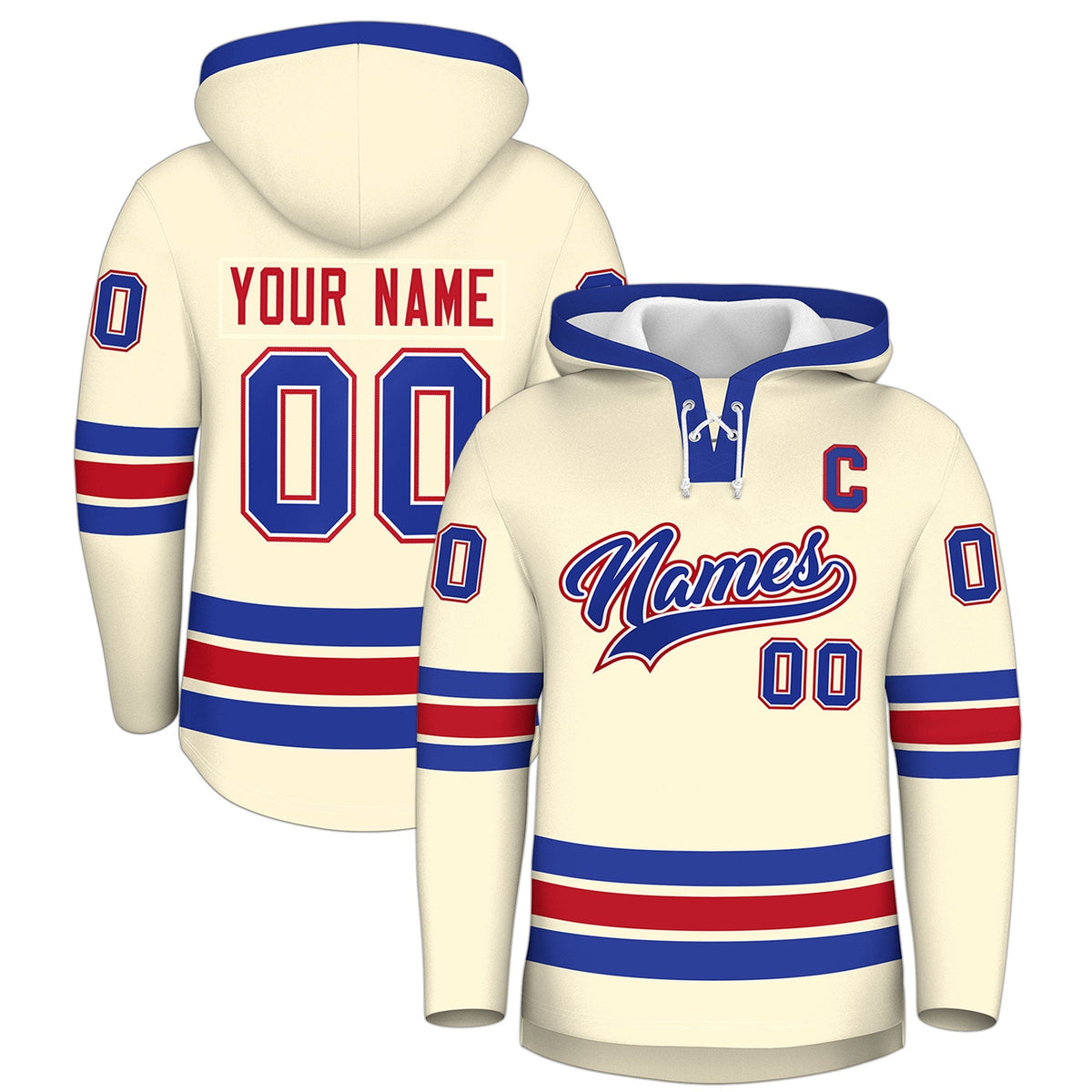 Custom Hockey Hoodie Jersey Cream Royal Blue Classic Style Add Name,Number &amp; Logo