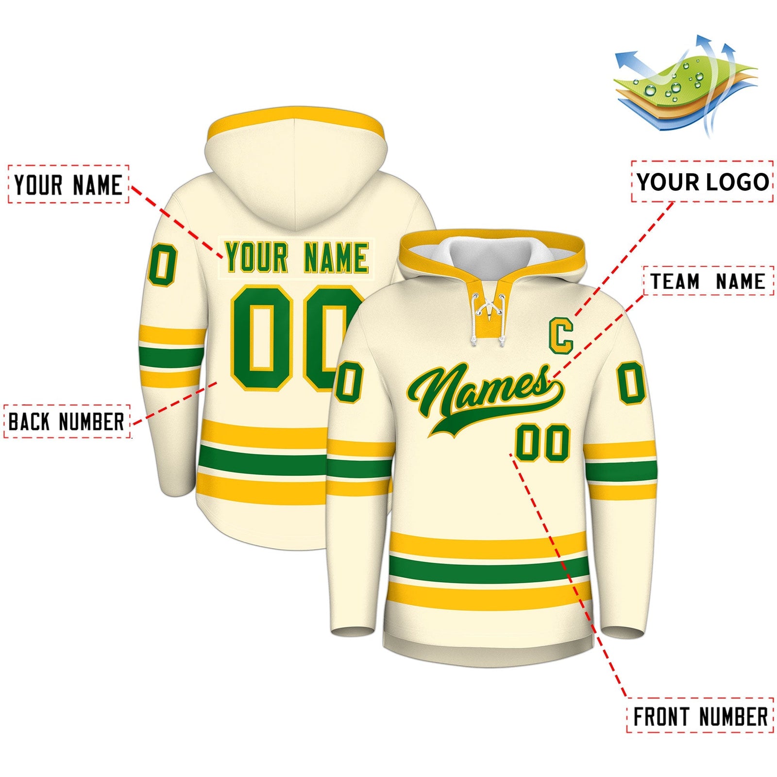 Custom Hockey Hoodie Jersey Cream Kelly Green Classic Style Add Name,Number & Logo