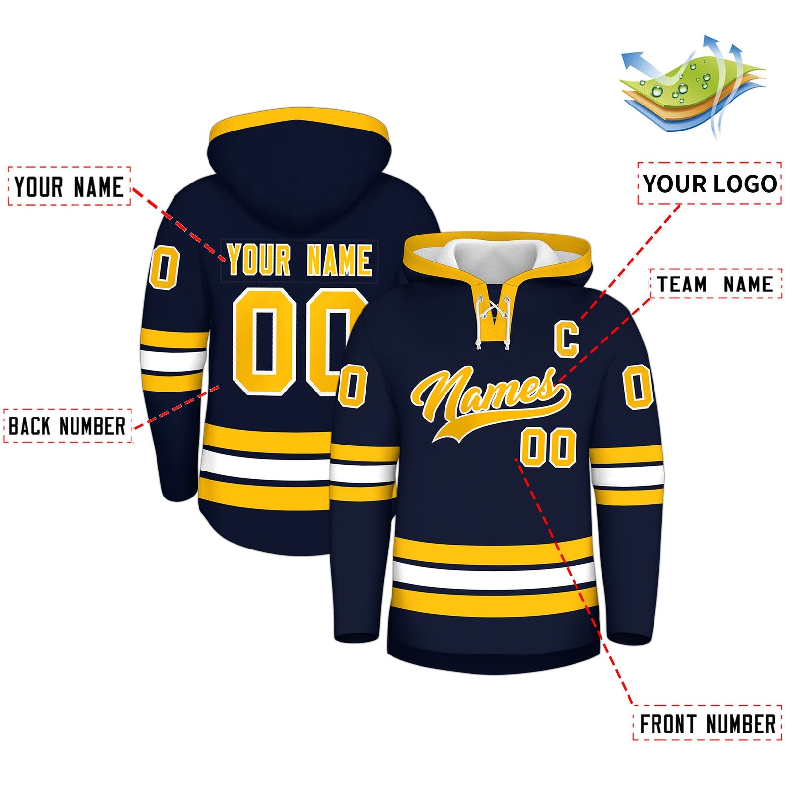 Custom Hockey Hoodie Jersey Navy White Classic Style Add Name,Number & Logo