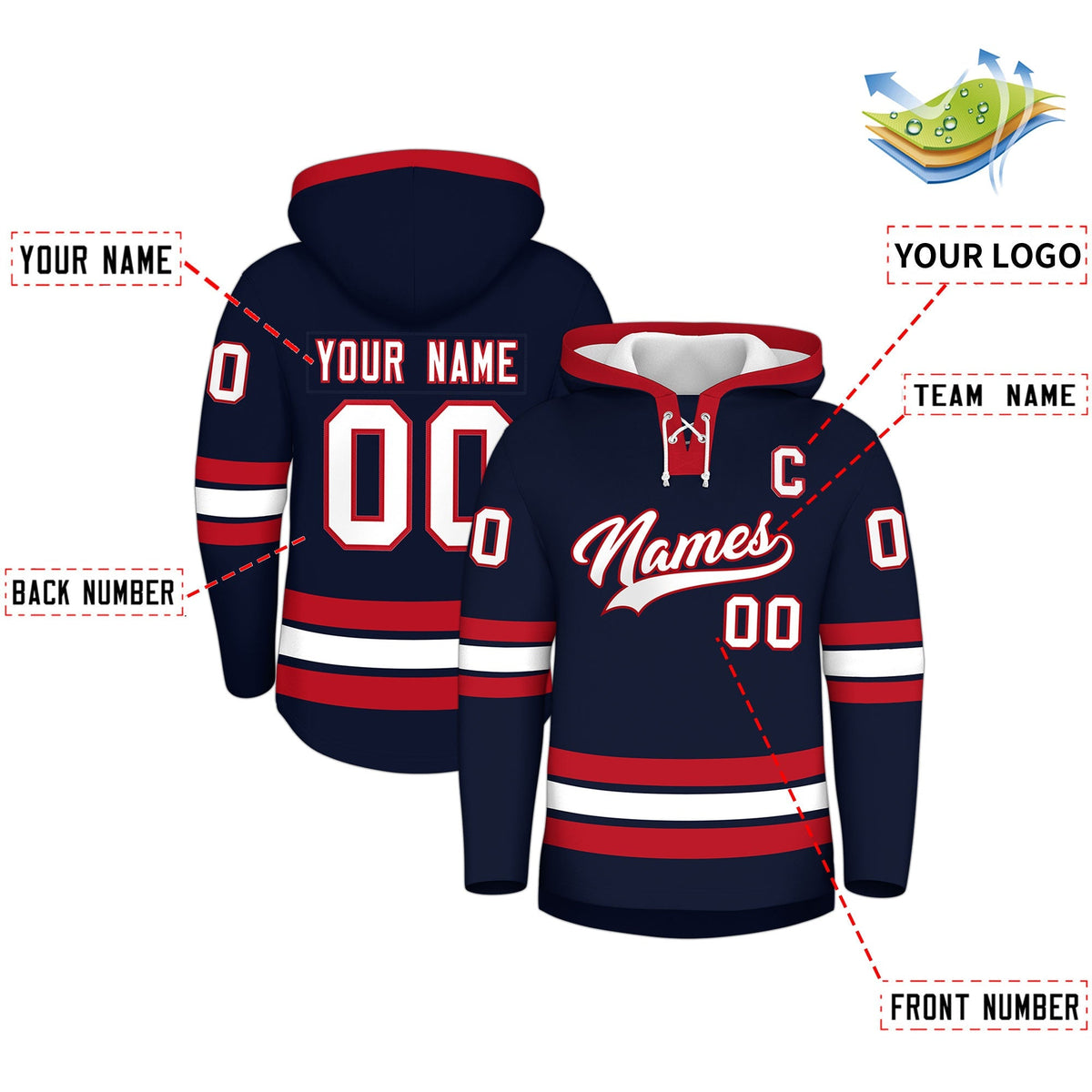 Custom Hockey Hoodie Jersey Navy Red Classic Style for Men&amp;Youth