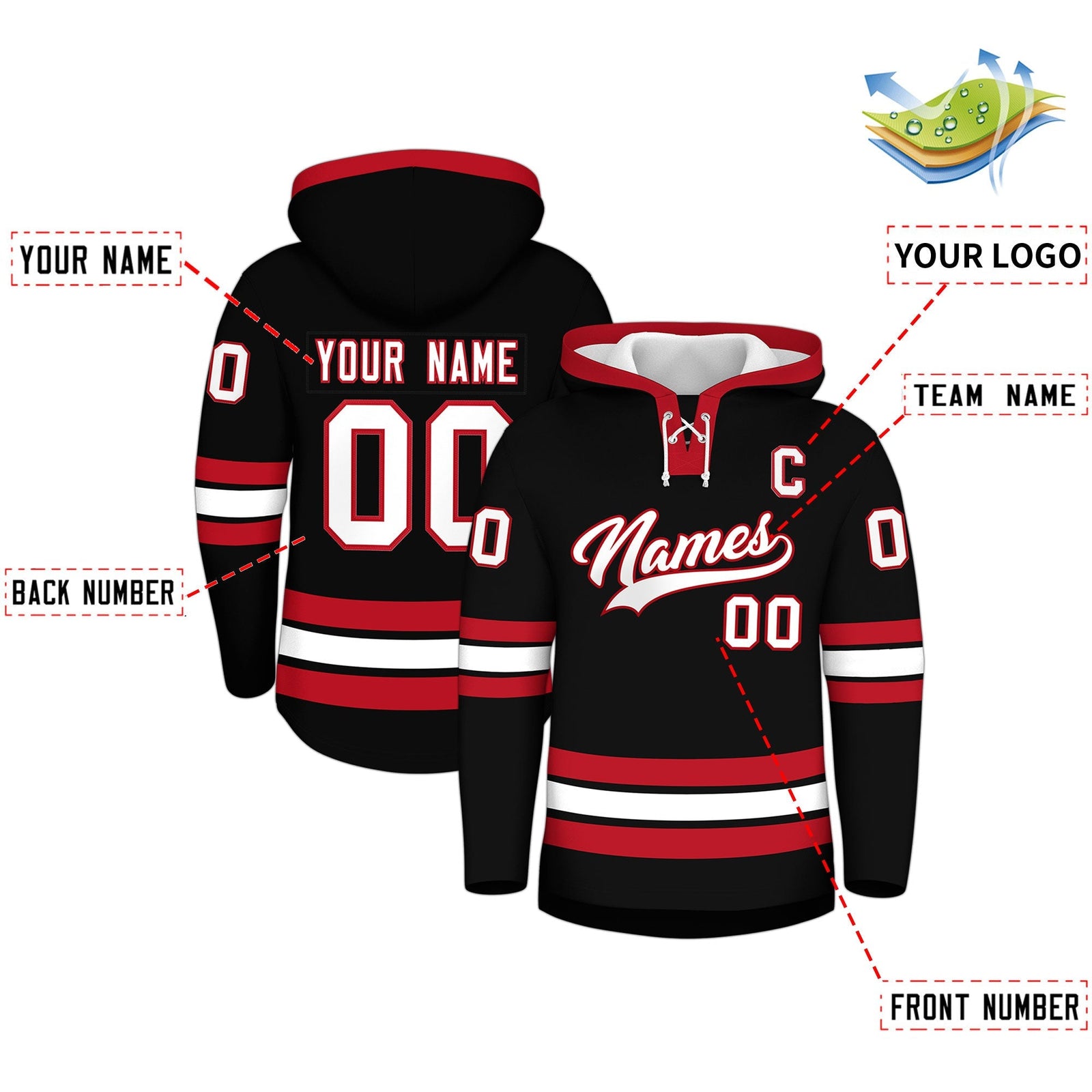 Custom Hockey Hoodie Jersey Black Red Classic Style Add Name,Number & Logo