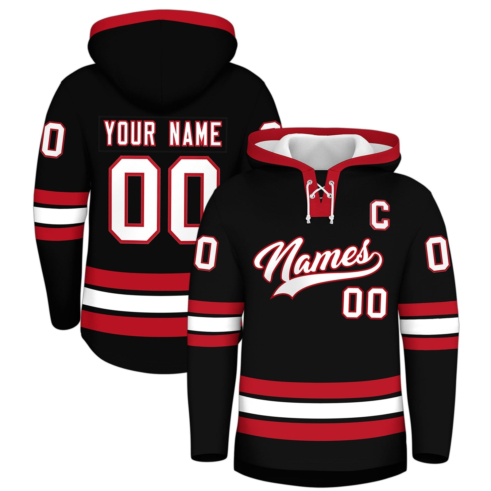 Custom Hockey Hoodie Jersey Black Red Classic Style Add Name,Number & Logo