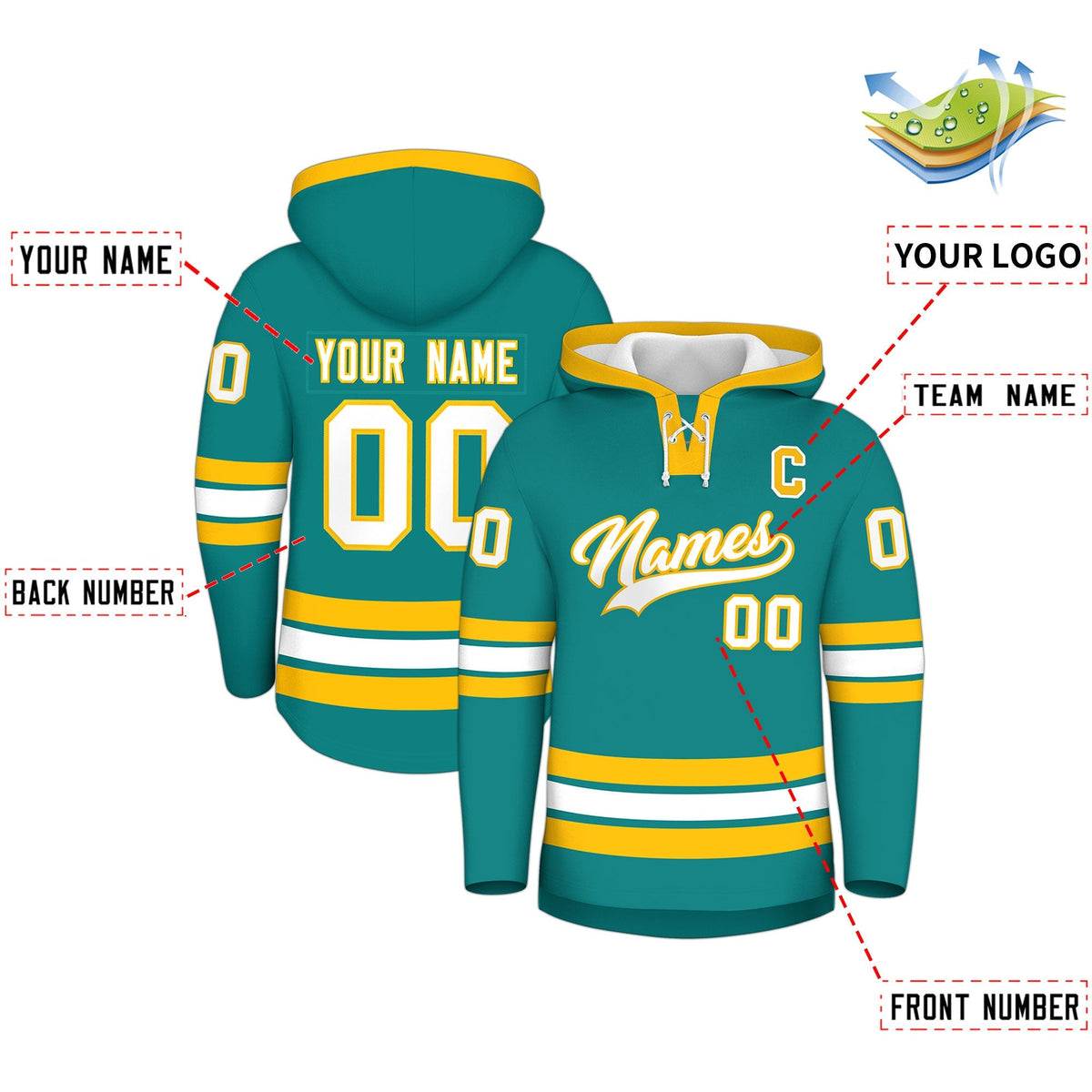 Custom Hockey Hoodie Jersey Teal Gold Classic Style Add Name,Number &amp; Logo
