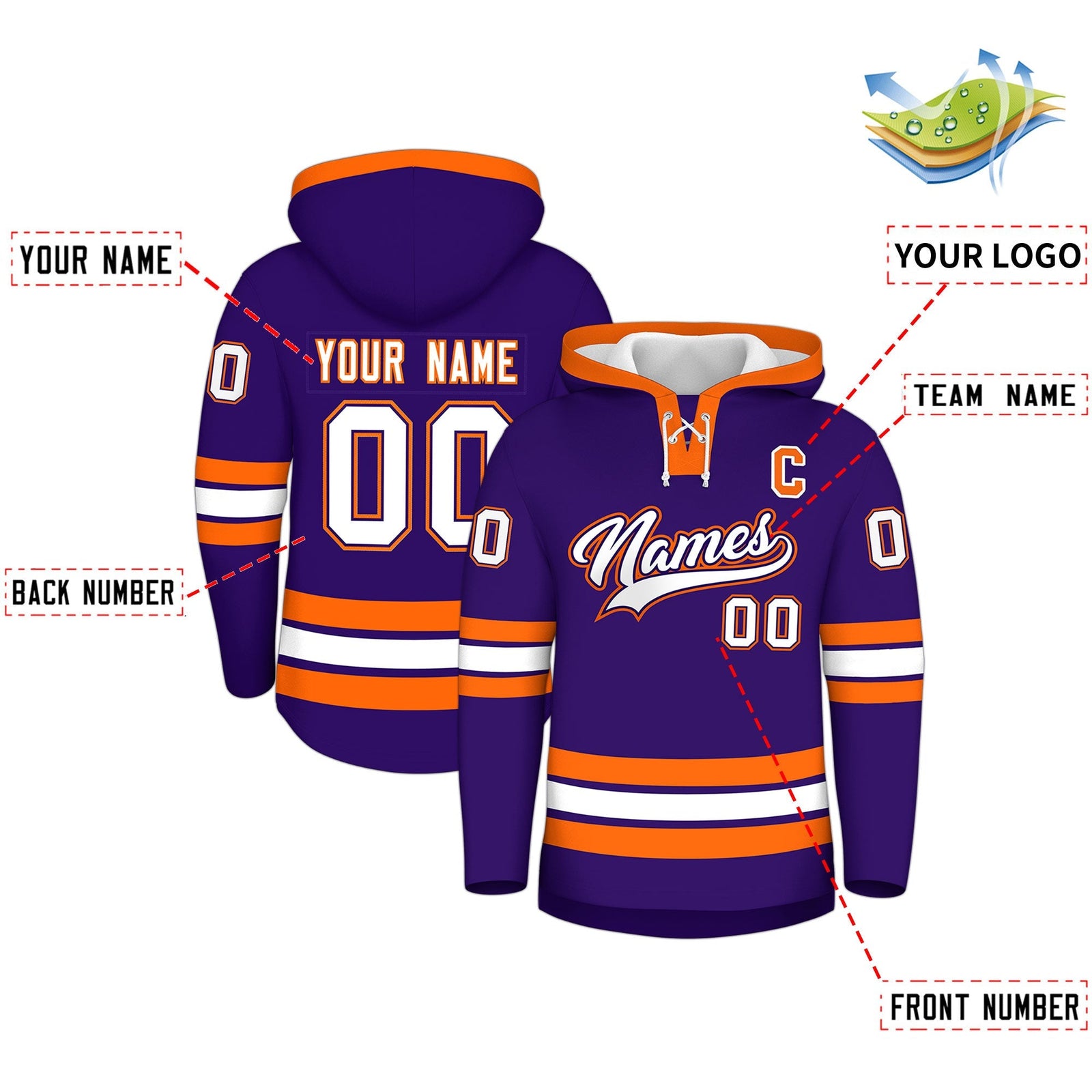 Custom Hockey Hoodie Jersey Purple Orange Classic Style Add Name,Number & Logo
