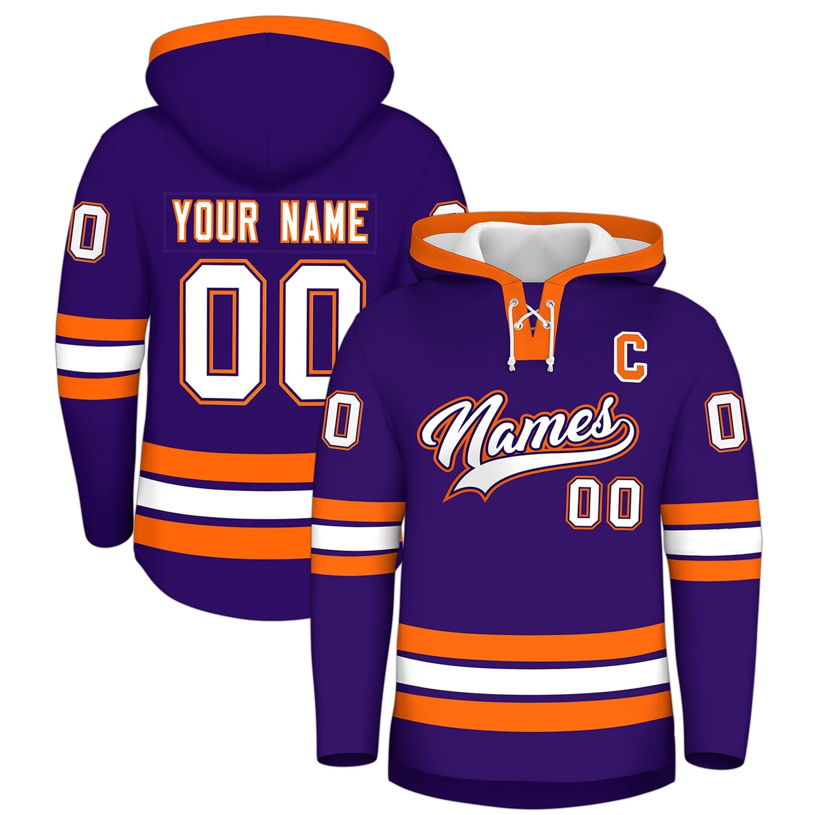 Custom Hockey Hoodie Jersey Purple Orange Classic Style Add Name,Number & Logo