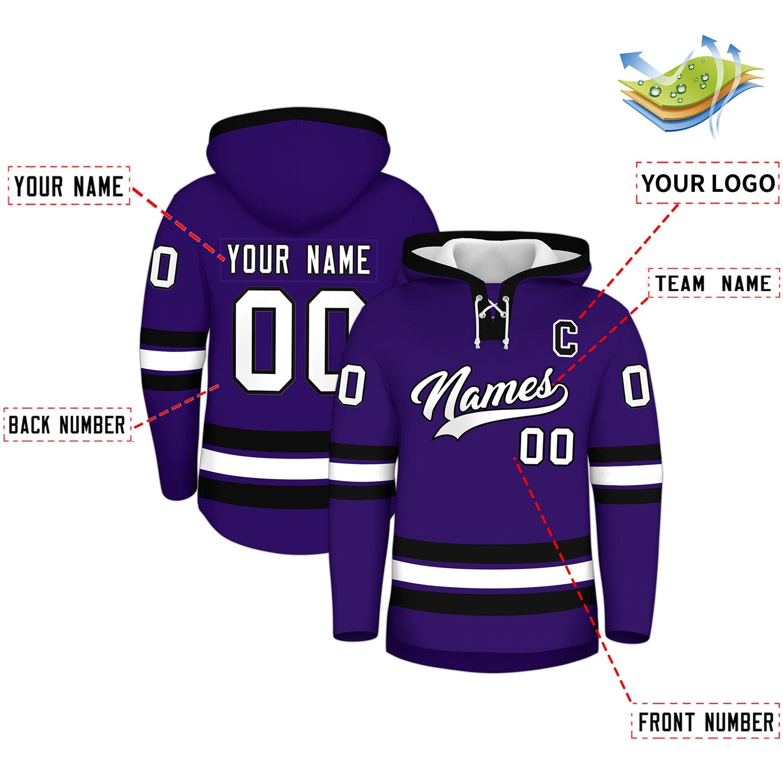 Custom Hockey Hoodie Jersey Purple Black Classic Style Add Name,Number & Logo