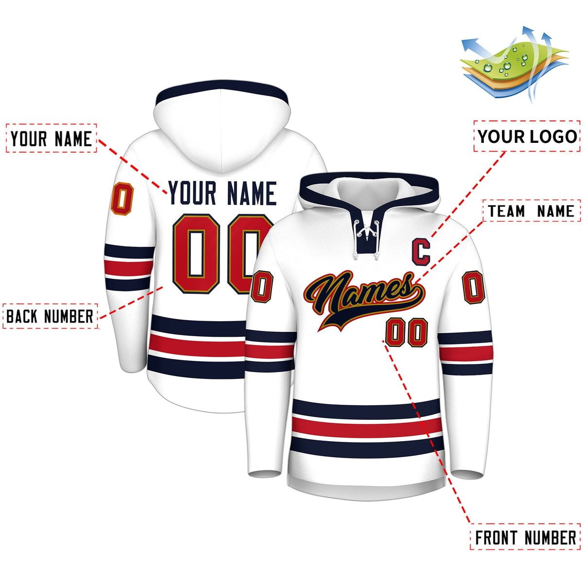 Custom Hockey Hoodie Jersey White Navy Classic Style Add Name,Number &amp; Logo