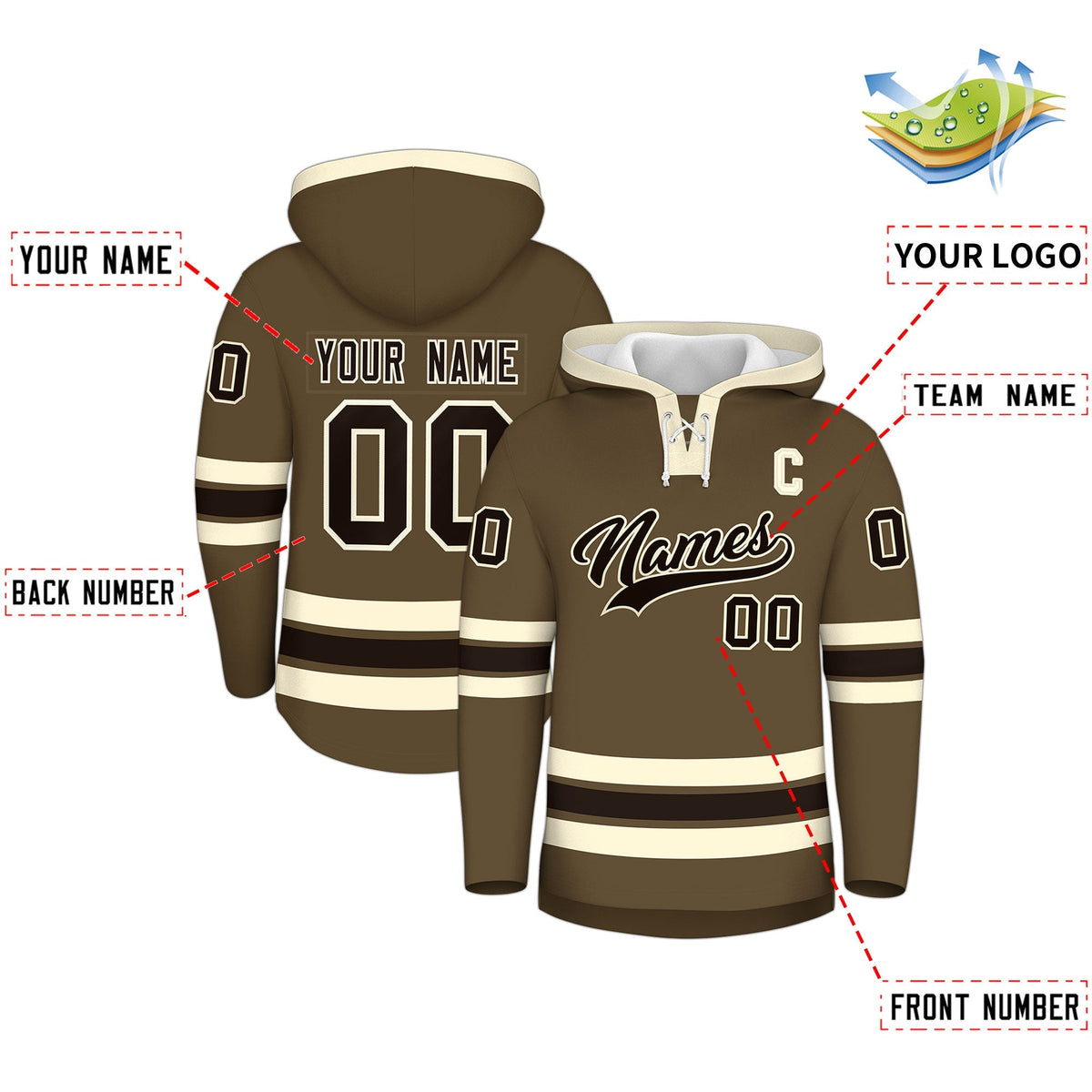 Custom Hockey Hoodie Jersey Light Brown Cream Classic Style Add Name,Number &amp; Logo