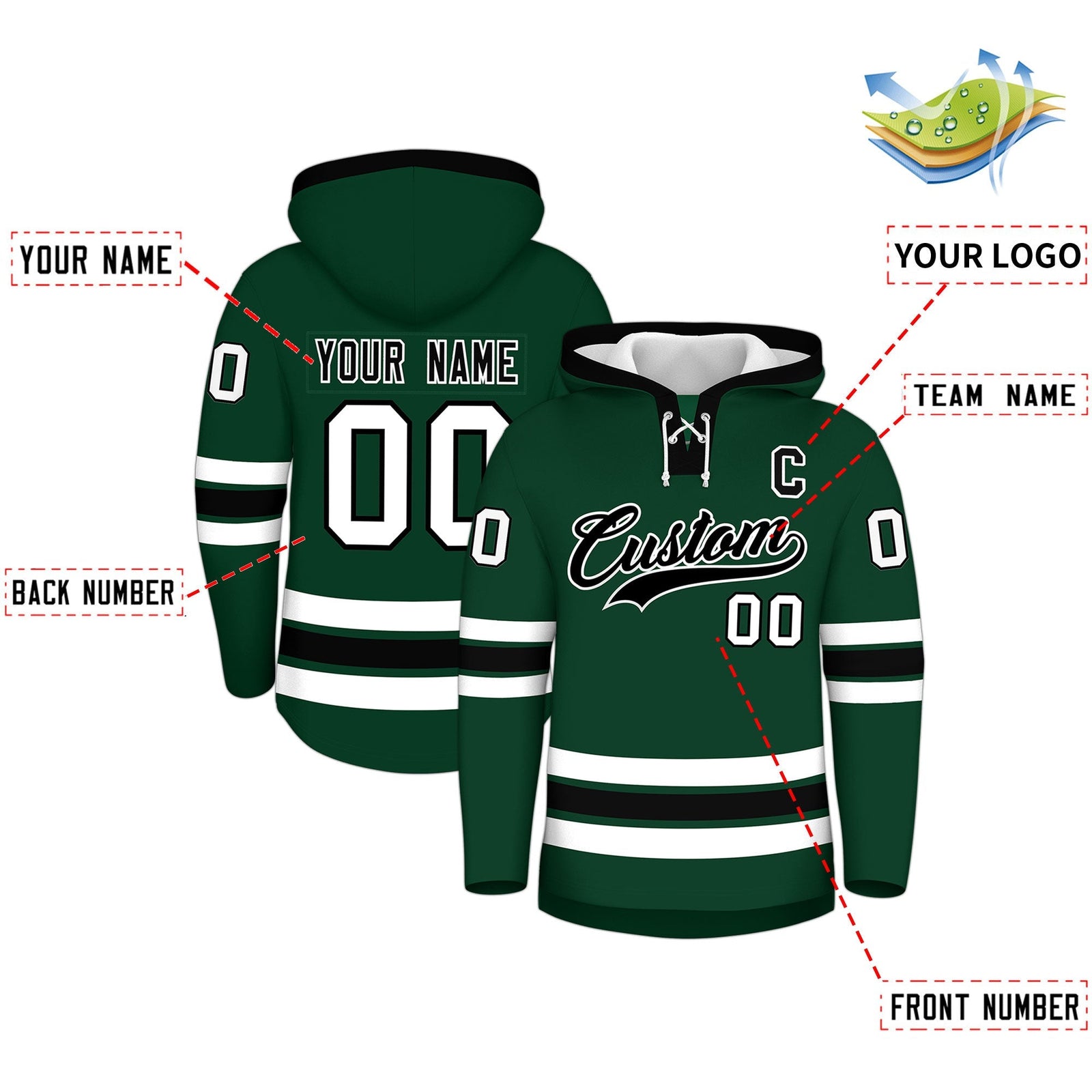 Custom Hockey Hoodie Jersey Dark Green Black Classic Style for Men&Youth